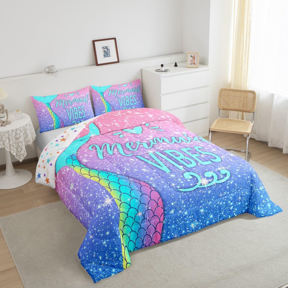 Kawaii Mermaid Bedding Twin,Mermaid Scales Tail Comforter Set Glitter Star Galaxy Princess Bedding Set Watercolor Blue Pink Pastel Ombre Quilt Duvet Ocean Animal Comforter Teal Girly Room Decor 2 Pcs