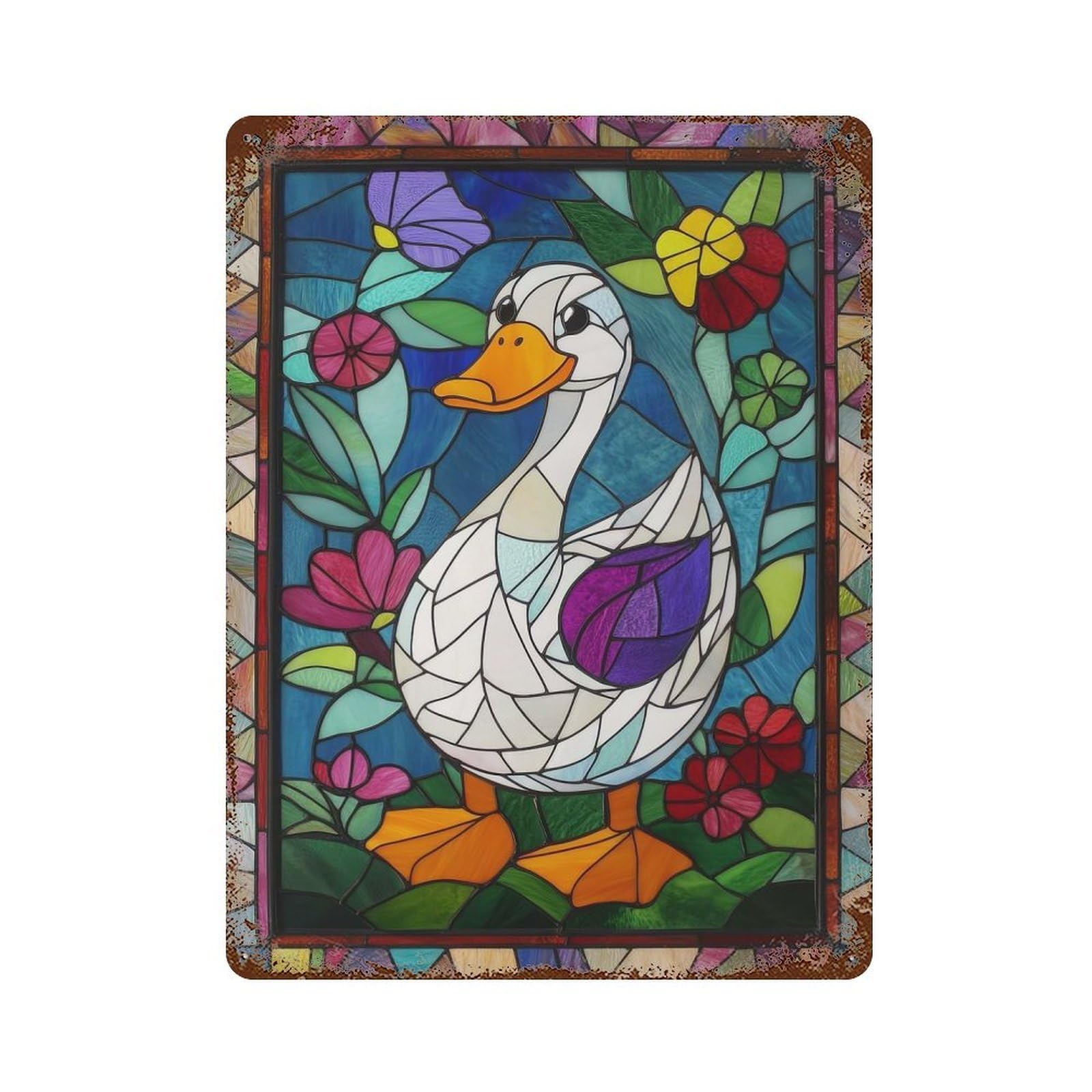Stained Glass Duck Vintage Wall Sign 15.7"x11.8", Rust Effect Metal Decor for Cafe, Home Bar And Lounge Decor