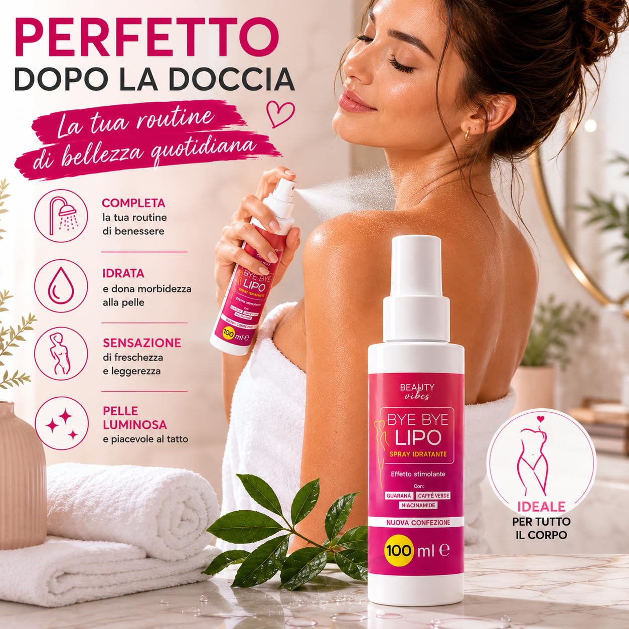 Bye Bye Lipo Spray Anticellulite 200ml | Trattamento Snellente e Tonificante, Niacinamide, Attivi Rassodanti Corpo