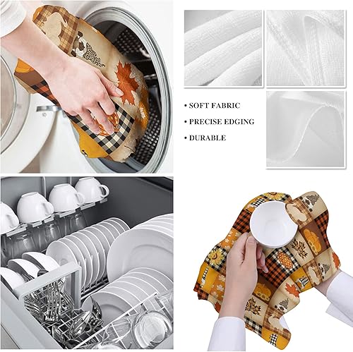 Miniatura 5 de Toallas de cocina, paños de limpieza de microfibra, Acción de Gracias, calabaza, pavo, hojas de arce, gnomo, retro, a cuadros, para cocina, paquete