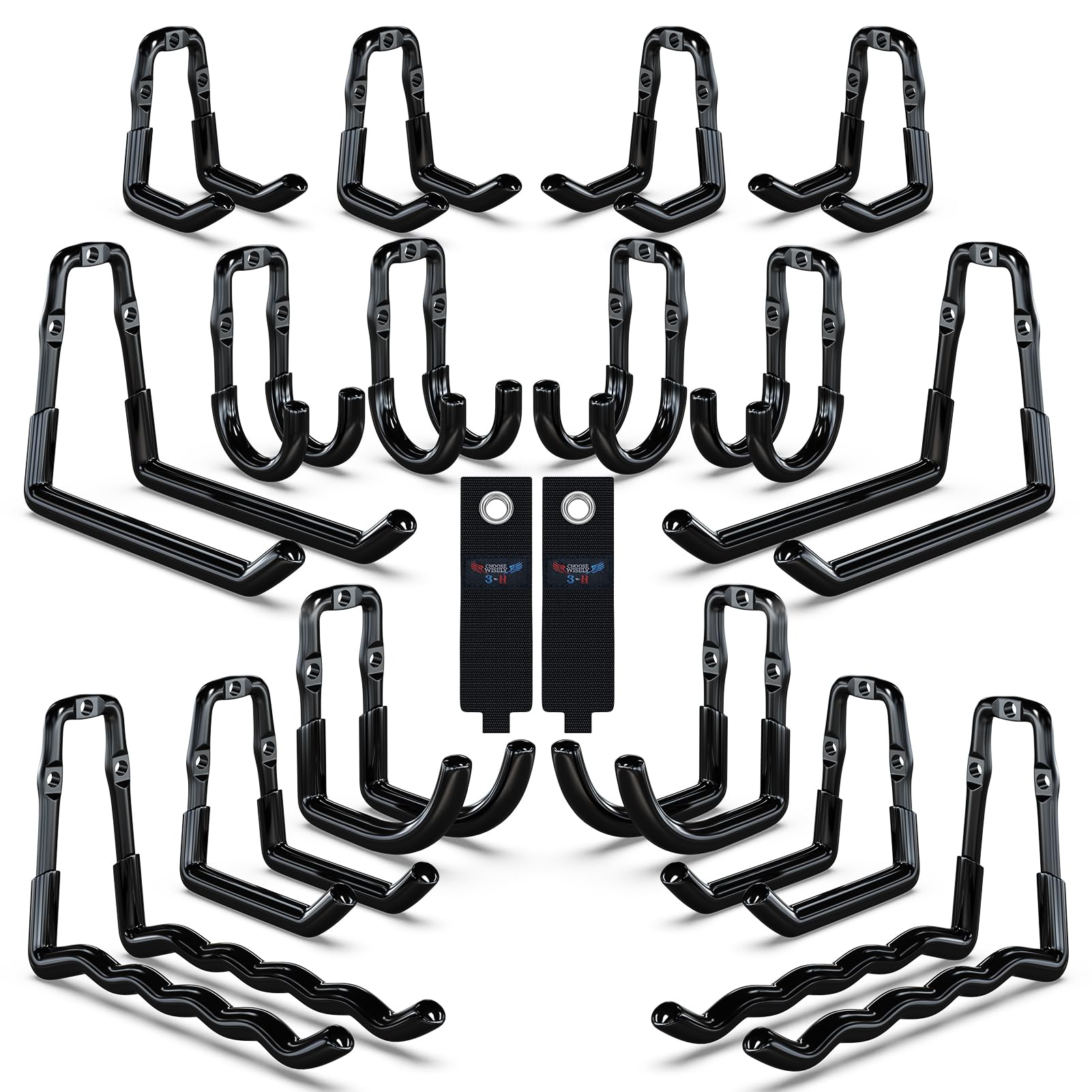 3-H Super Heavy Duty Garage Wall Hooks 18 Pack, One-Piece Construction Garage Wall Hooks, Garage Hanger &amp; Organizer Wall Mount for Ladders, Bikes, Chairs, WeedEaters, Shovels, Garden Tools (Black)