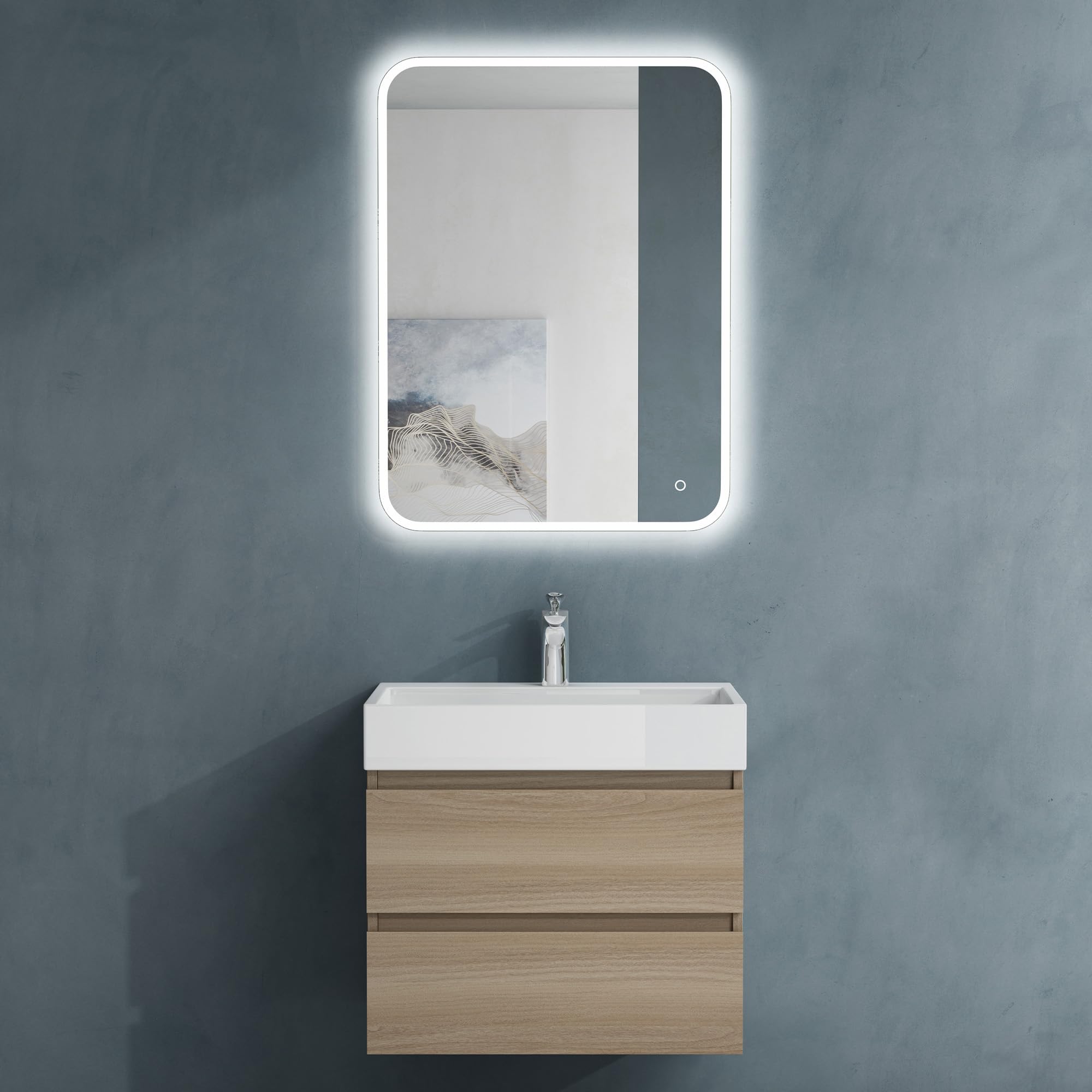 doporro Conjunto Mueble de baño 60x38x56cm Mueble bajo Roble Claro con Lavabo Blanco de fundición Mineral y Espejo LED 60x80cm