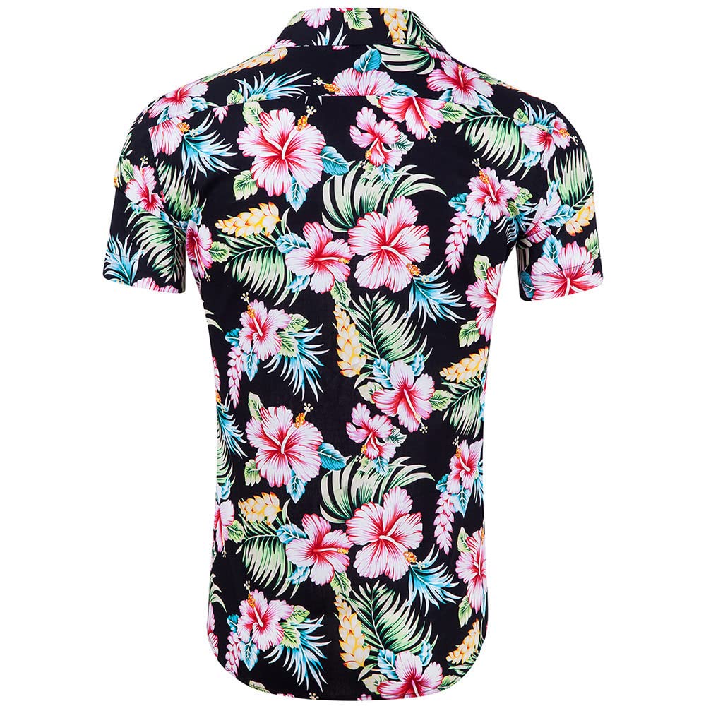 Camicia Maniche Corte Uomo, Camicia A Fiori da Uomo Verde Foglia Fiori Stampa Camicia Hawaiana Nera Camicia A Maniche Corte con Colletto Cubano Camicia da Spiaggia da Uomo Button Down Top