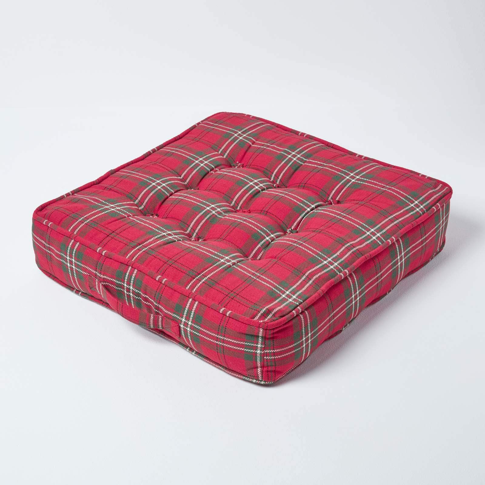 HOMESCAPES Coussin d’Assise rehausseur, Coussin de Sol en Coton à Carreaux écossais Rouge, 50 x 50 x 10 cm