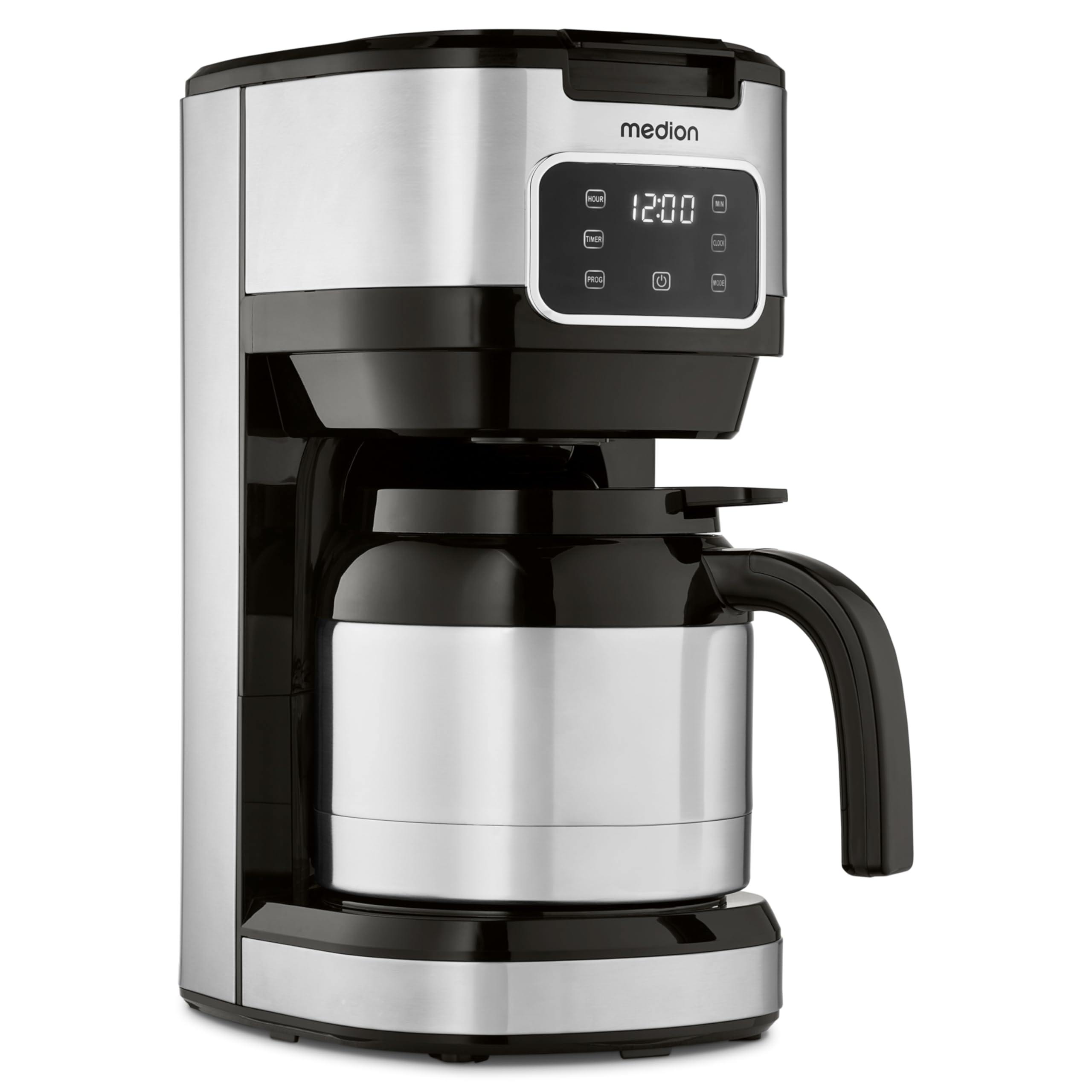 MEDION Kaffeemaschine mit Thermoskanne und Timer (Filtermaschine, 10 Tassen, 1,25 Liter, 900 Watt, Timer Zeitschaltuhr, Antitropf, Display, MD11019) edelstahl
