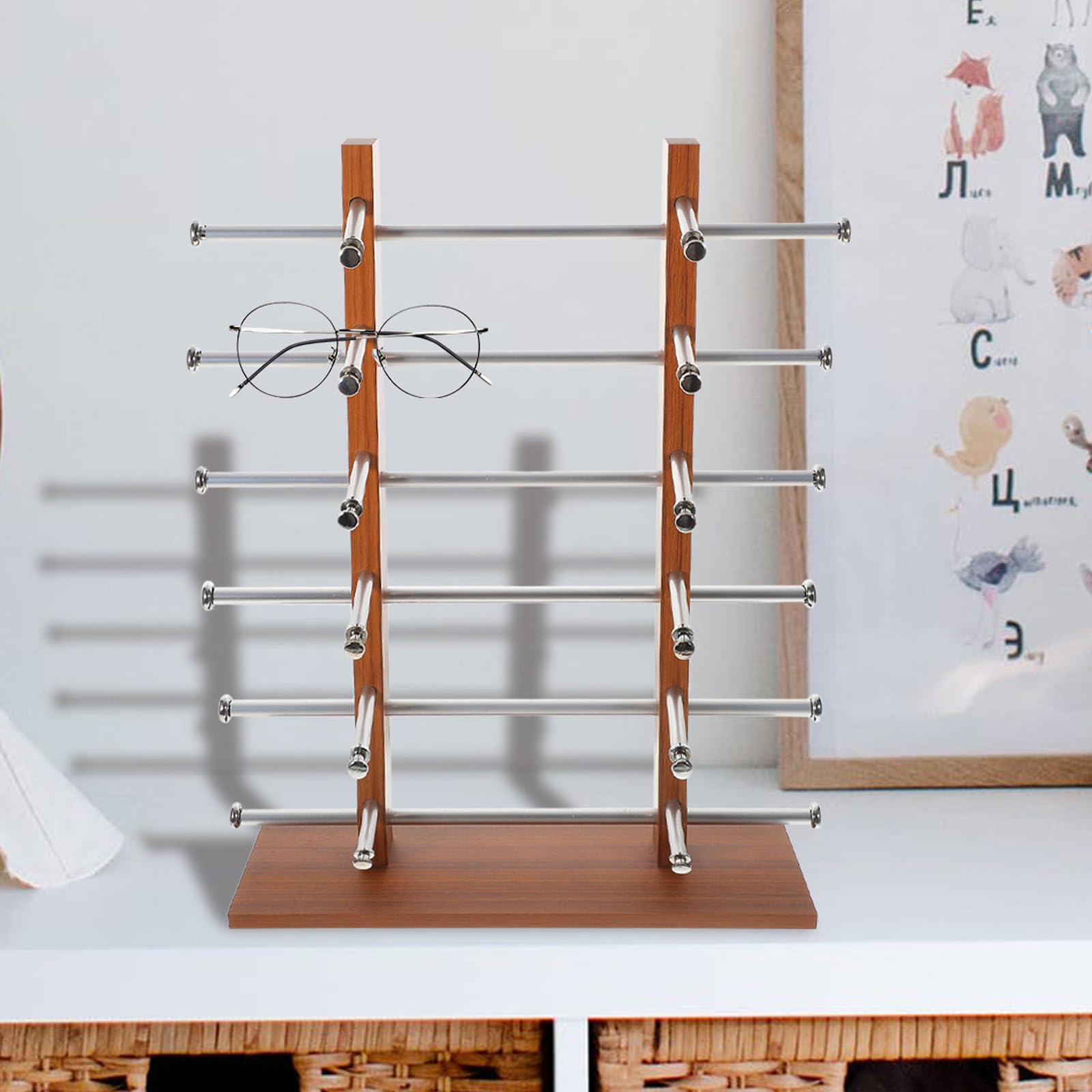 Levemolo Espositore per Occhiali da Tavolo in Pannello a Densità Finitura Effetto Legno, Base Stabile e Struttura Leggera, per Occhiali da Sole e Vista