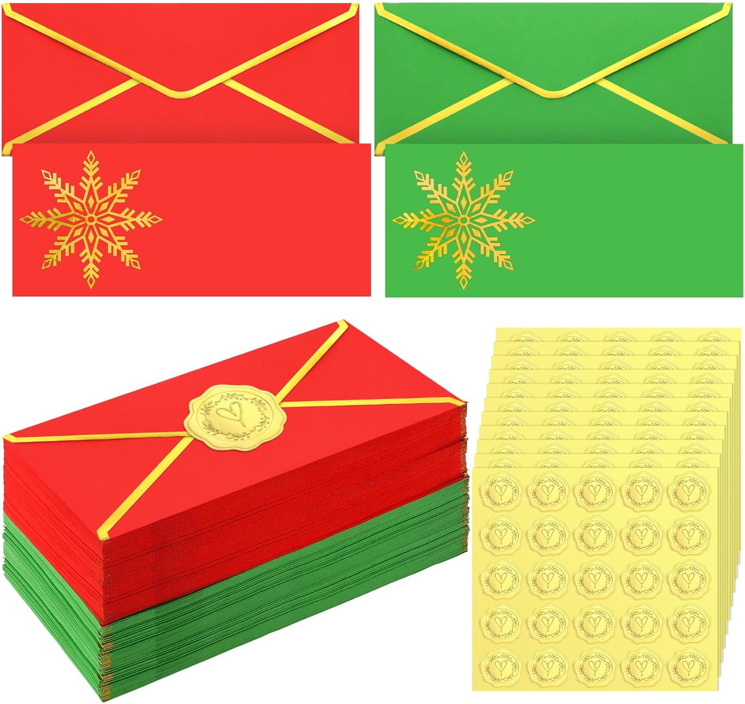 Watersay 100 Set Christmas Cards with Envelopes Stickers Bulk #10 Gift Red Green Holiday Envelopes with Gold Snowflake Foil Greeting Card Stickers for Xmas Festival Party Supplies