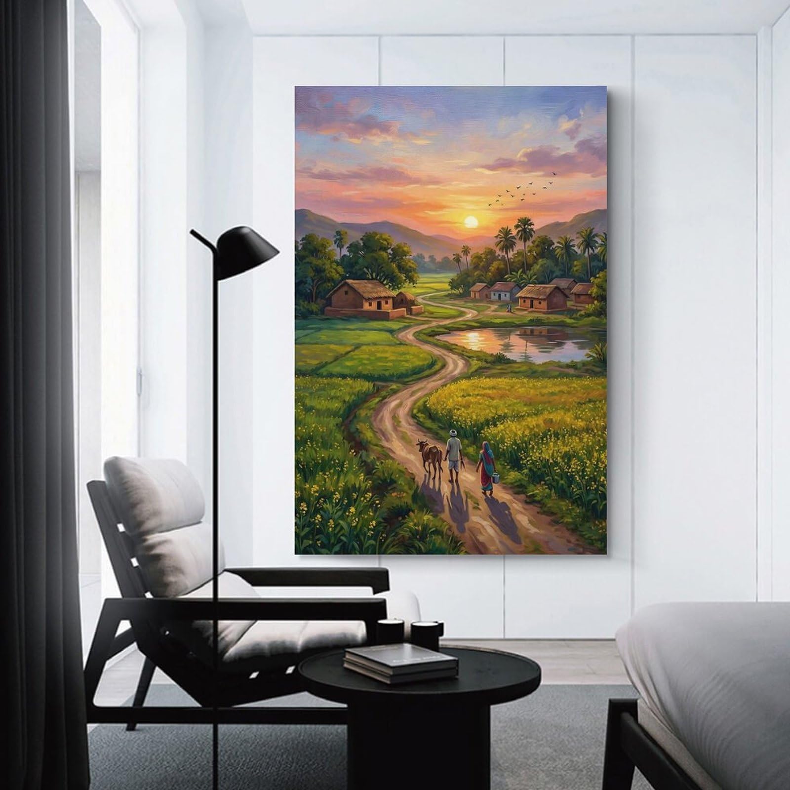 Junmoney Room Decor Wall Art Rural Indian Village at Sunset, 24x36inch(60x90cm), for Living Room, Lounge Or Sitting Room, Canvas Styling for A Polished Room Look