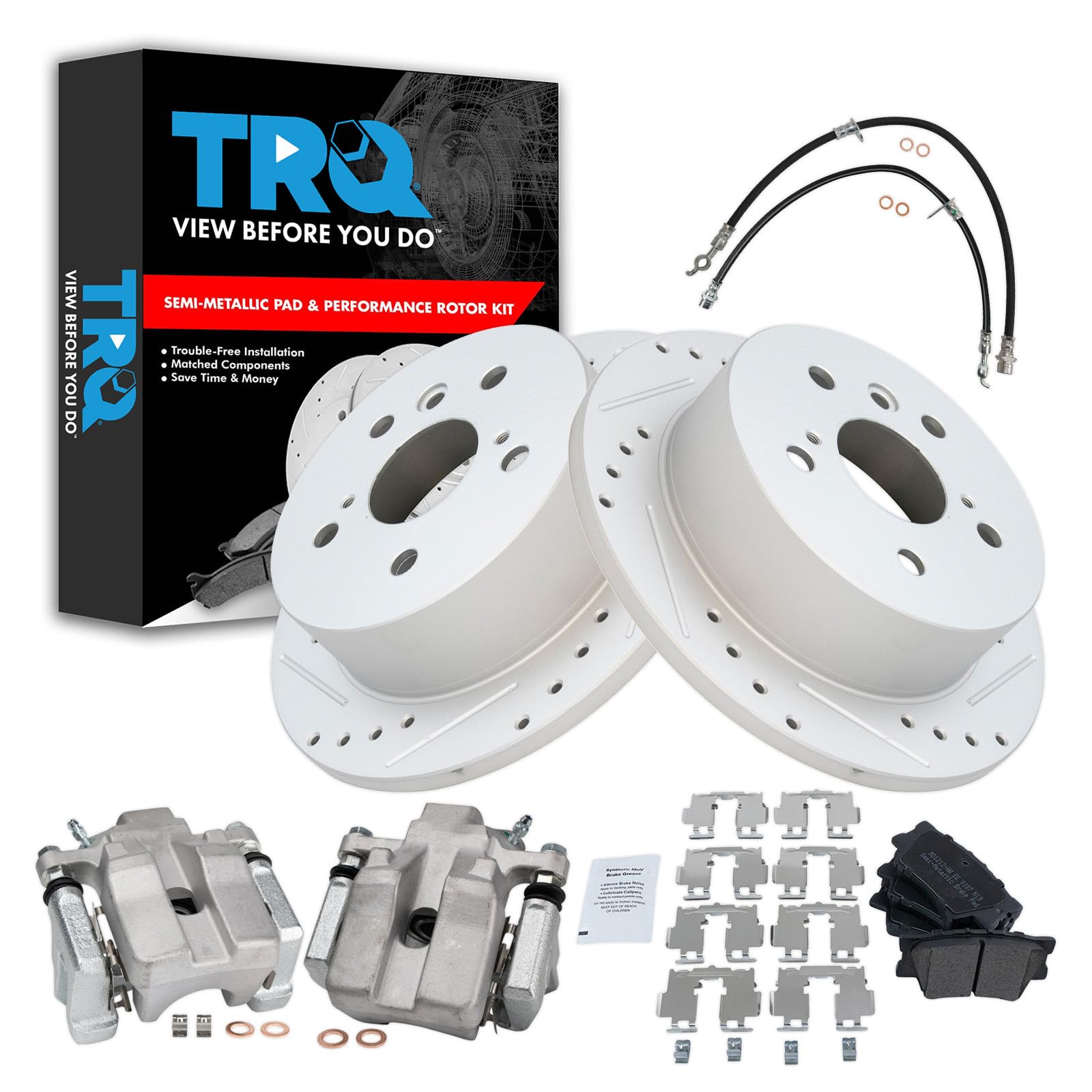 TRQ Performance Rear Brake Pad and Rotor Set Semi Metallic Slotted Drilled Coated Rotors Calipers Compatible with 2007-2012 Lexus ES350 2008-2012 Toyota Avalon 2007-2011 Camry