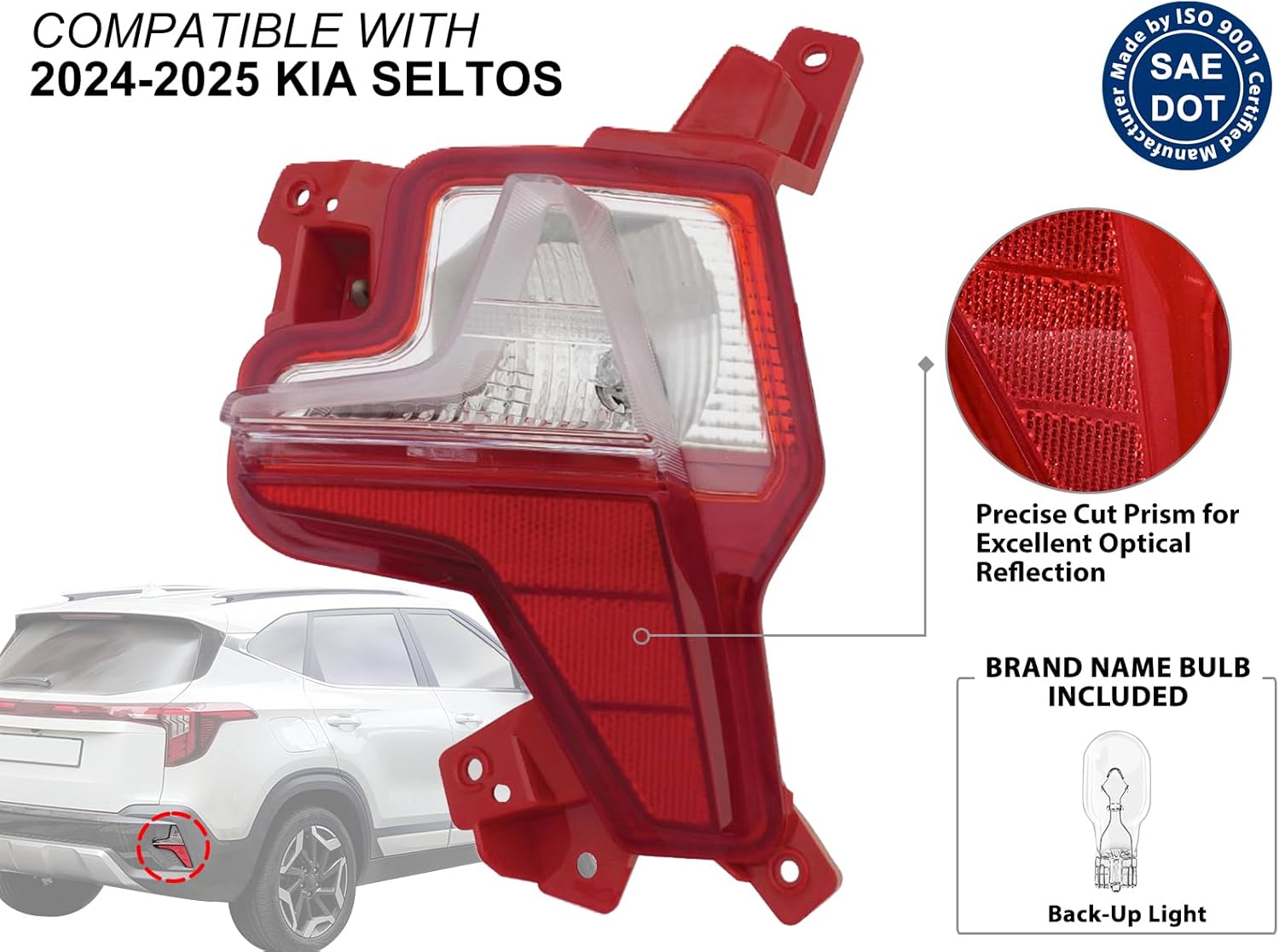 KAP Replacement for Rear Back-Up Light with Red Reflector 2024-2025 Seltos Passenger Right Side with Bulb 92406Q5500 KI2893105
