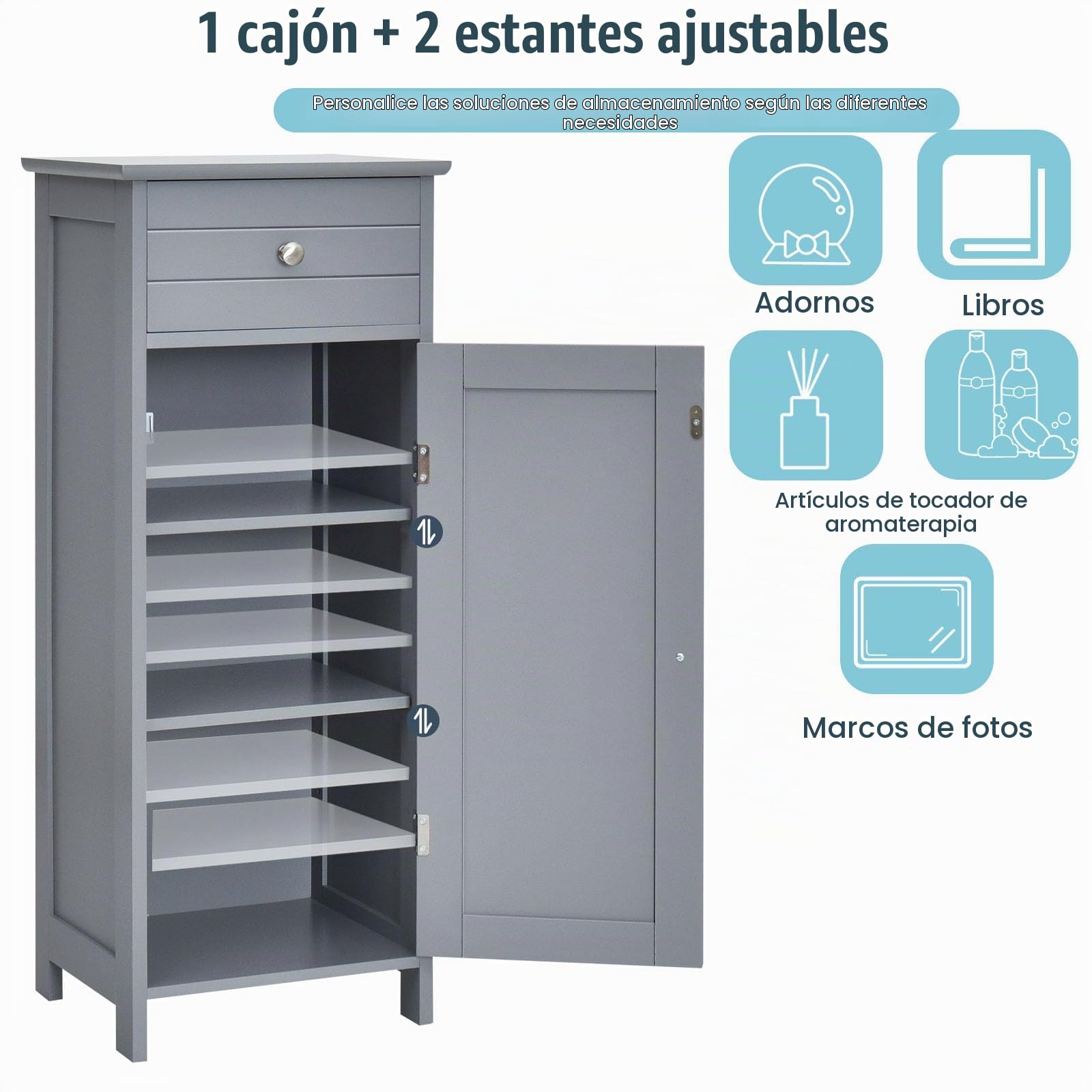 LIFEZEAL Mueble de baño Independiente, Armario Suelo de MDF con cajón y estantes Ajustables, 35,5 x 30,5 x 88cm, Mueble Organizador para salón, Cocina y Pasillo (Gris)