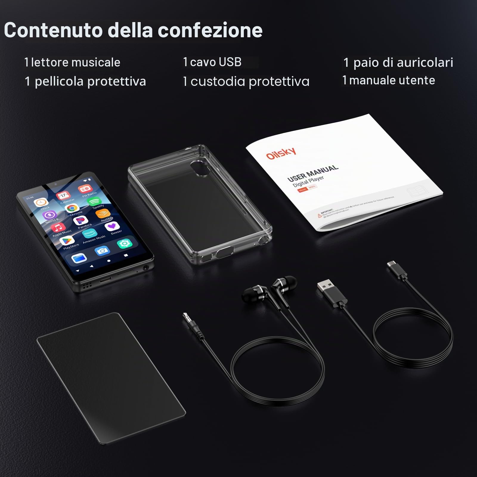 32GB Lettore MP3 con Bluetooth e WiFi, Fotocamera, Oilsky 4,02" Android 13 Lettore Musicale HD con Spotify, Audible, Deezer, MP3 MP4 Touchscreen e Altoparlanti
