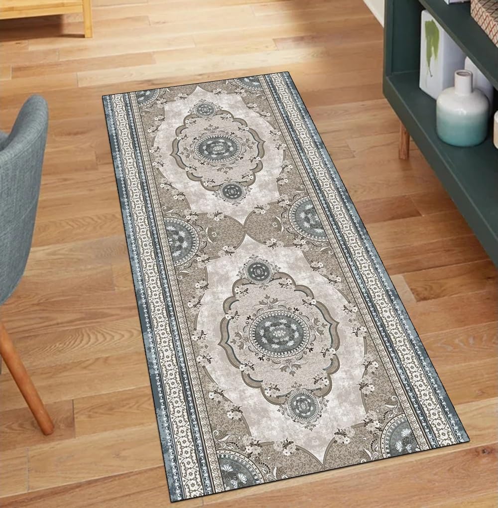 Alfombra de pasillo antideslizante y lavable con diseño vintage gris de 90 x 220 cm
