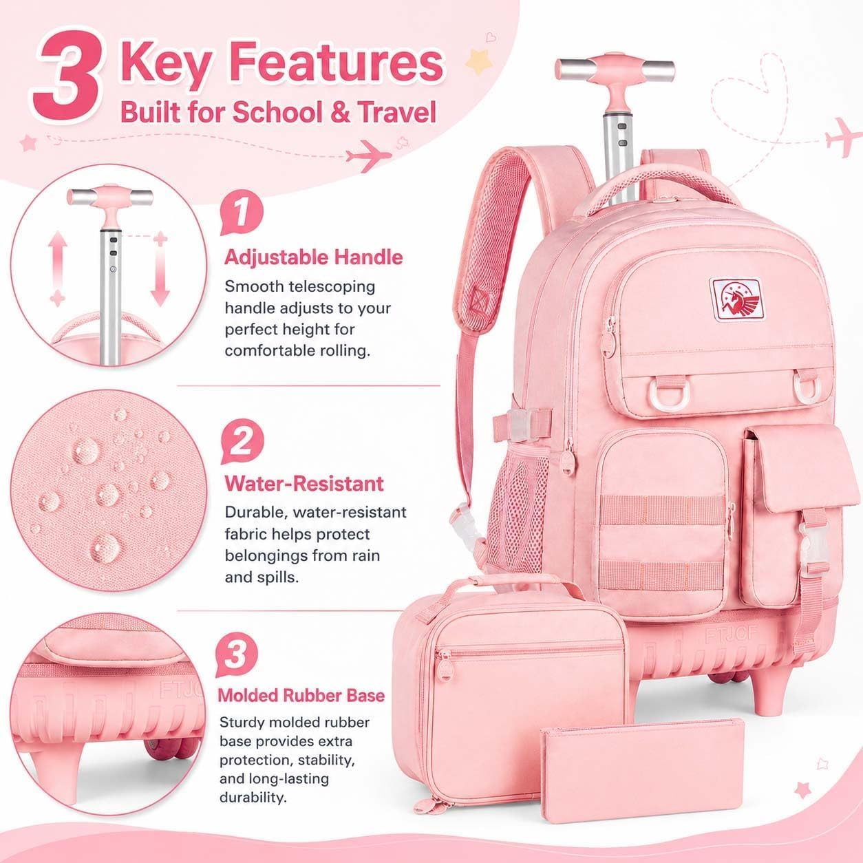 WZLVO Rolling Backpack for Girls Women, 21 inch Water Resistant Roller Wheels Backpacks, Wheeled Bookbag with Lunch Bag for Teen Elementary School Travel - Pink