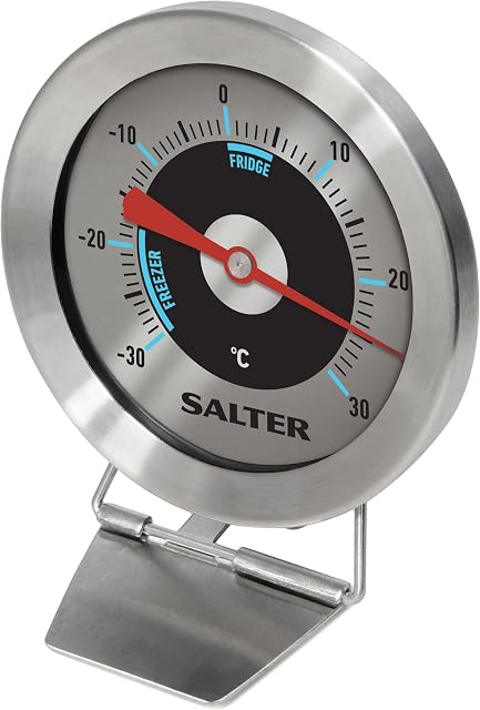 Salter 517 SSCR Fridge , Freezer Thermometer, Adjustable Angle, Bold Display, Easy Read,Hang, Sit or Stand on Shelf, -30 °C to 30 °C Range, Safe Zones, Keep Food Fresh, Magnified Lens, Stainless Steel