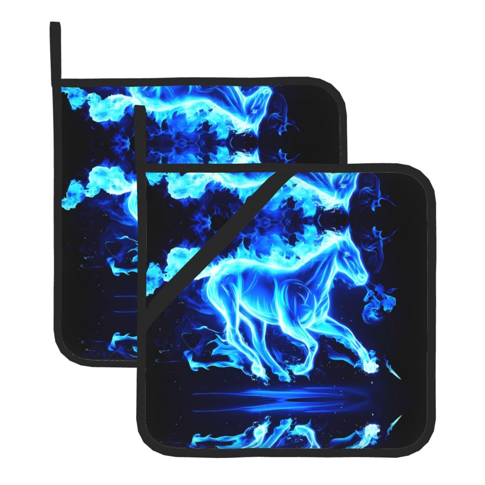 YYHWHJDE Glowing horse Prints Square Hot Pads for Kitchen Counter - Waterproof Pot Holders, Durable Oven Mitt Layers with Hanging Loop, Heat Resistant Trivets (2-Pack)