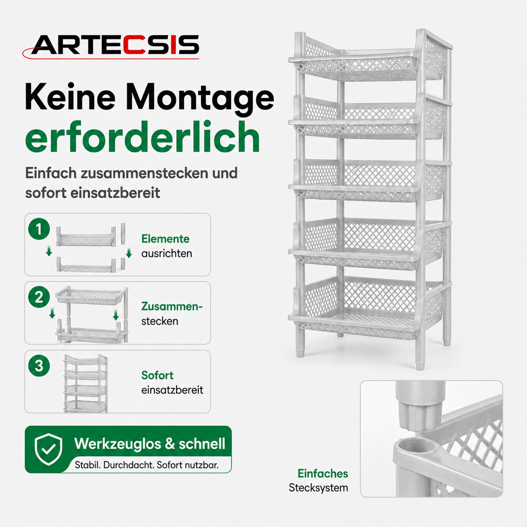 ARTECSIS® Korbregal aus Kunststoff mit 6 Regal-Etagen stapelbar & modular erweiterbares Stecksystem grau (schmal) - Kellerregal & Vorratsregal für Lagerung - Abstellraum Steckregal & Lagerregal