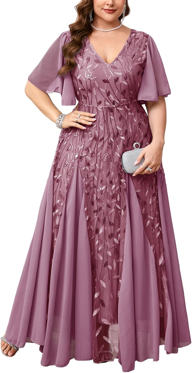 ZOMVA Plus Size 0X-4X Sequin Embroidery Formal Long Dress Glitter V-Neck A Line Prom Dress Wedding Evening Gown