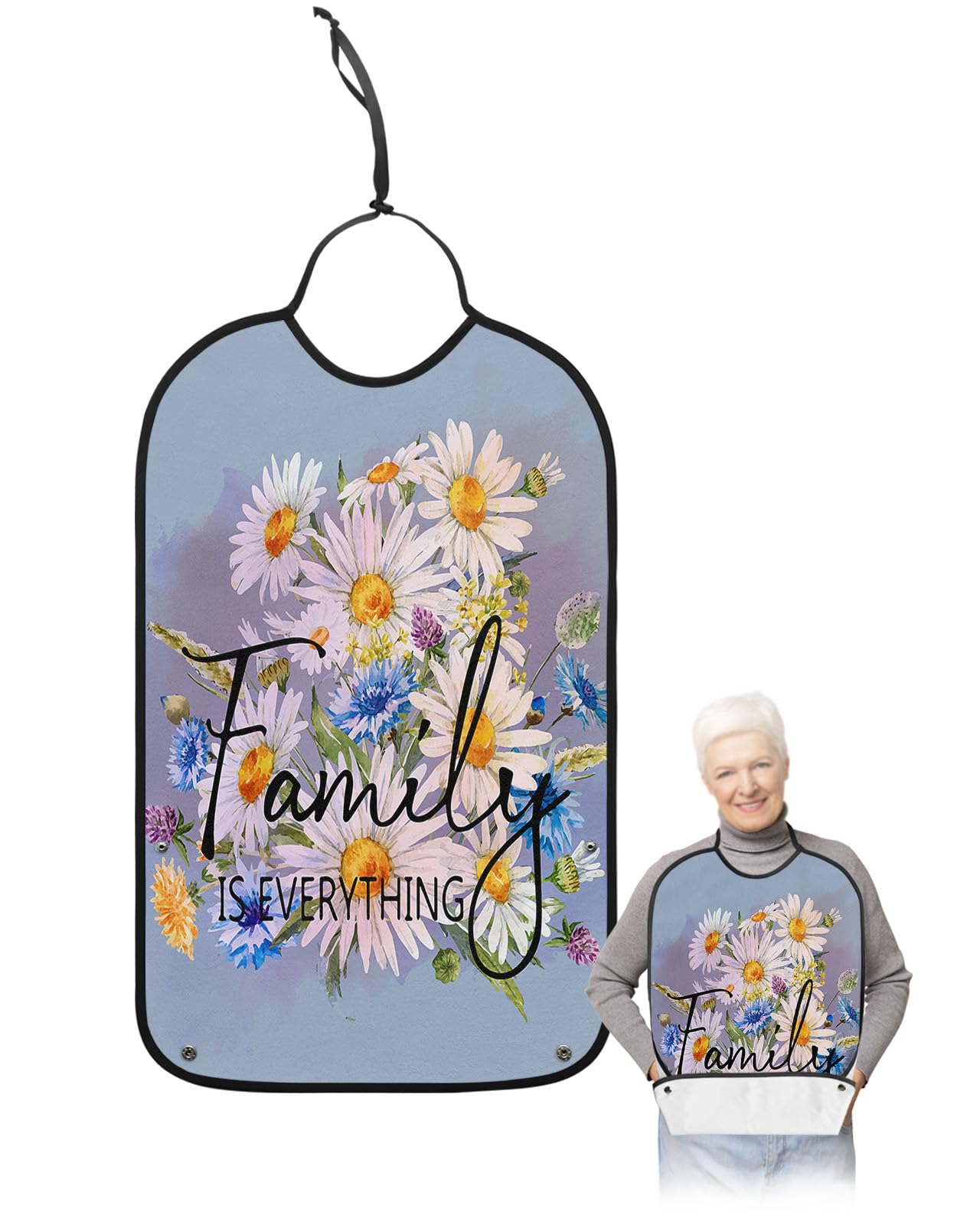 Flower Adult Bib for Eating with Crumb Catcher,Washable & Waterproof Terry Cloth Adjustable Elderly Women Men Adult Bibs Funny Apron Clothing Protector White Daisy Floral Rustic Watercolor Art