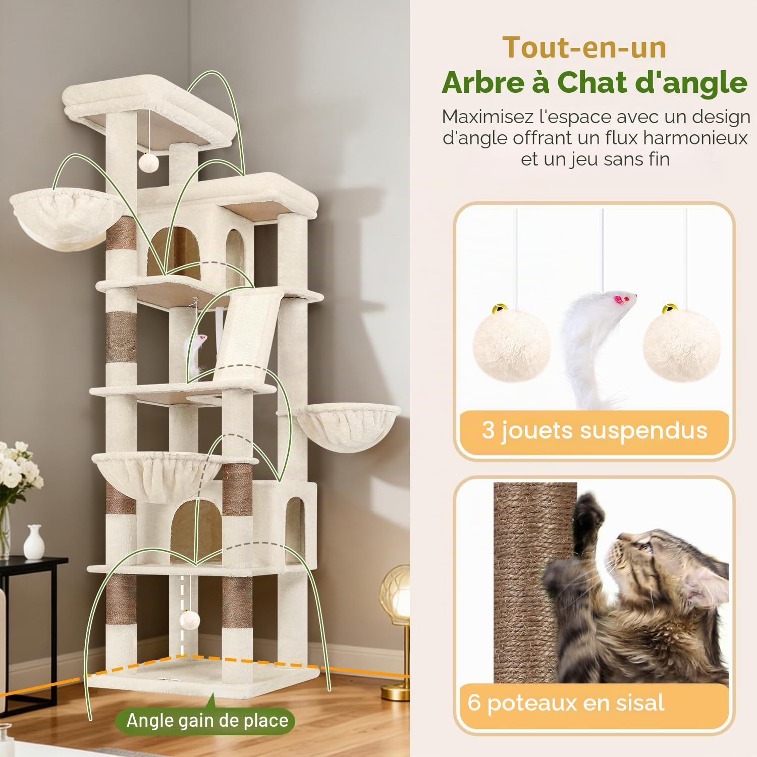 Globlazer Arbre à Chat Beige XXL Grand 204 cm avec 2 Immense Rembourrés Plateforme 50*30CM, 2 Grand Niches, 3 Doux Paniers, Planche Sisal, Stable Arbres a Chats pour 3-5 Chats Intérieur (S80G, Beige)