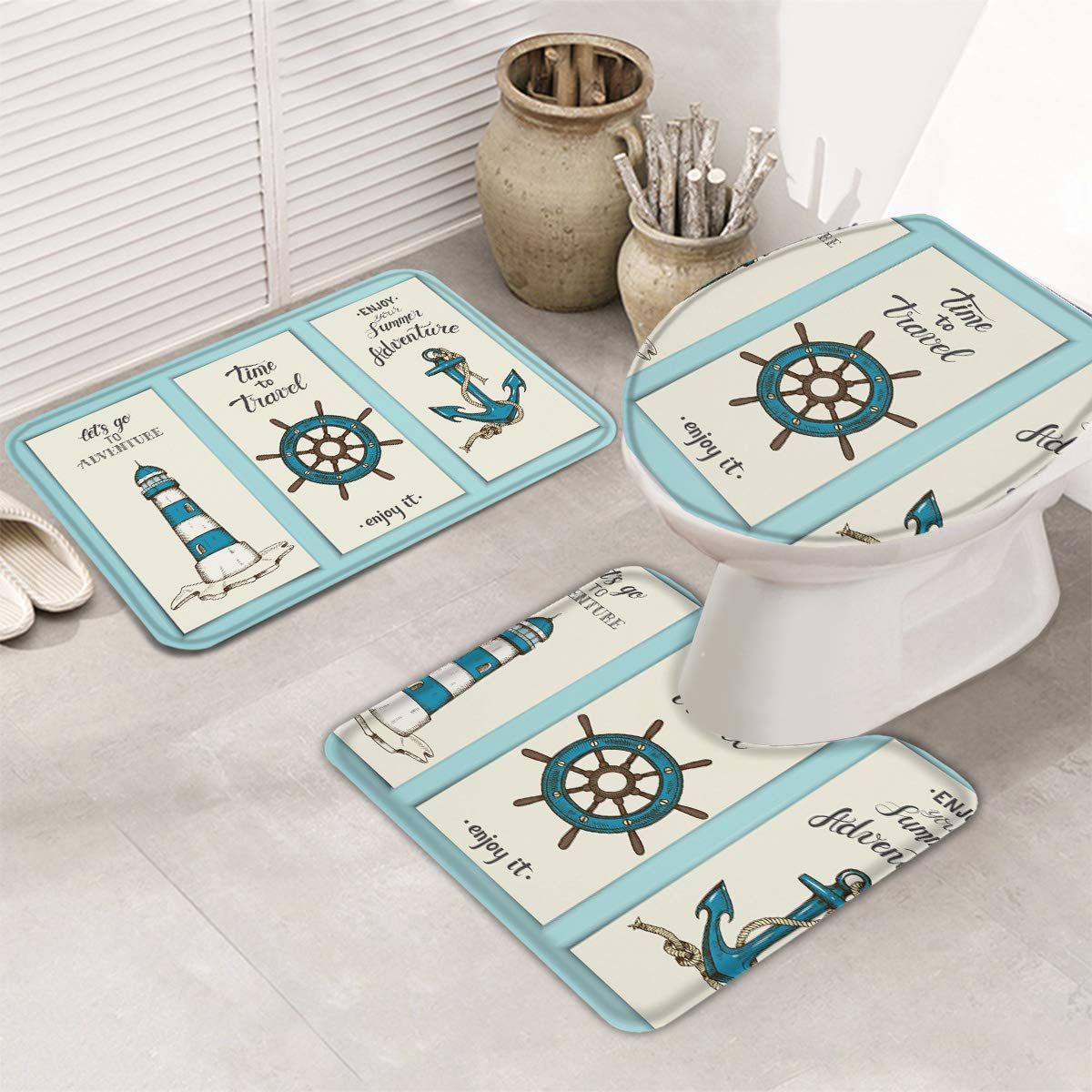 Queenker 3 Pieces Bath Rug Set Toilet Seat Cover Lighthouse Rudder Nautical Anchor Print Contour Rug, Pedestal Mat and Toilet Lid Cover?Non-Slip Bathroom Floor Mat