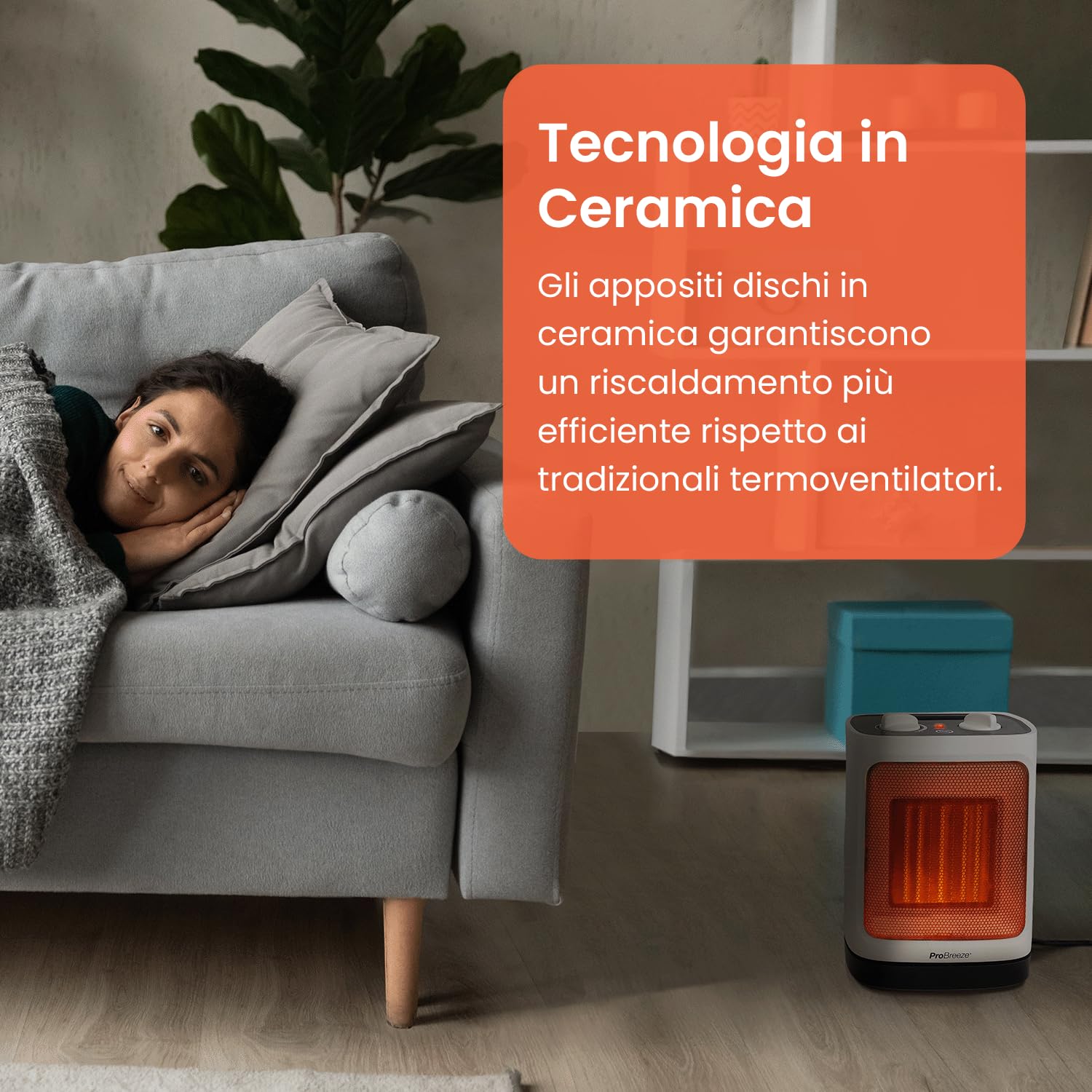 Pro Breeze Termoventilatore Ceramico 2000W - Tecnologia Ceramica a Basso Consumo Energetico - Oscillazione Automatica e 2 Impostazioni di Temperatura. Per camere o bagno – Bianco