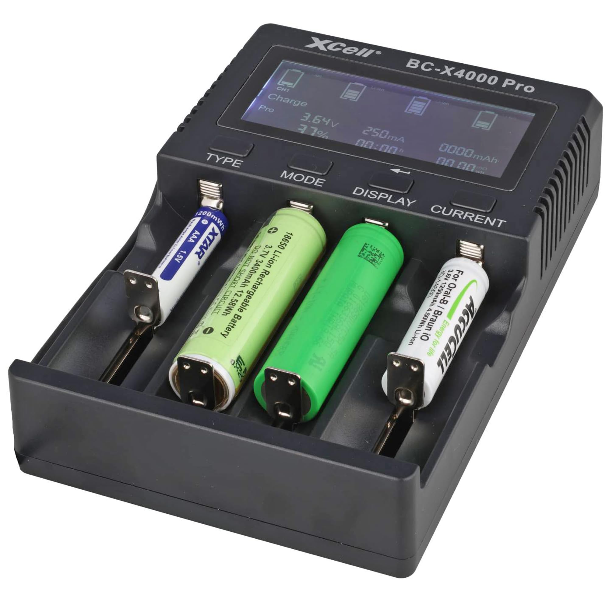 XCell Chargeur rapide LiFePO4, LiIon, NiCd, NiMH 10440, 14500, 16340, 16650, 17500, 18350, 18490, 18500, 18650, 20650,