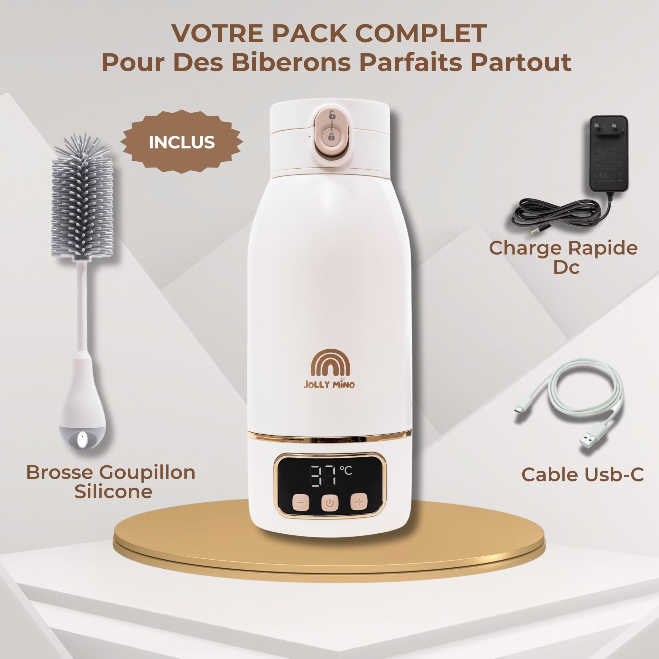 Chauffe biberon Nomade Portable Sans Fil 500 ml, Inox, Chauffe Lait Maternel & Eau, Auto-Pasteurisation, Voyage Voiture Nuit, Brosse Silicone Incluse