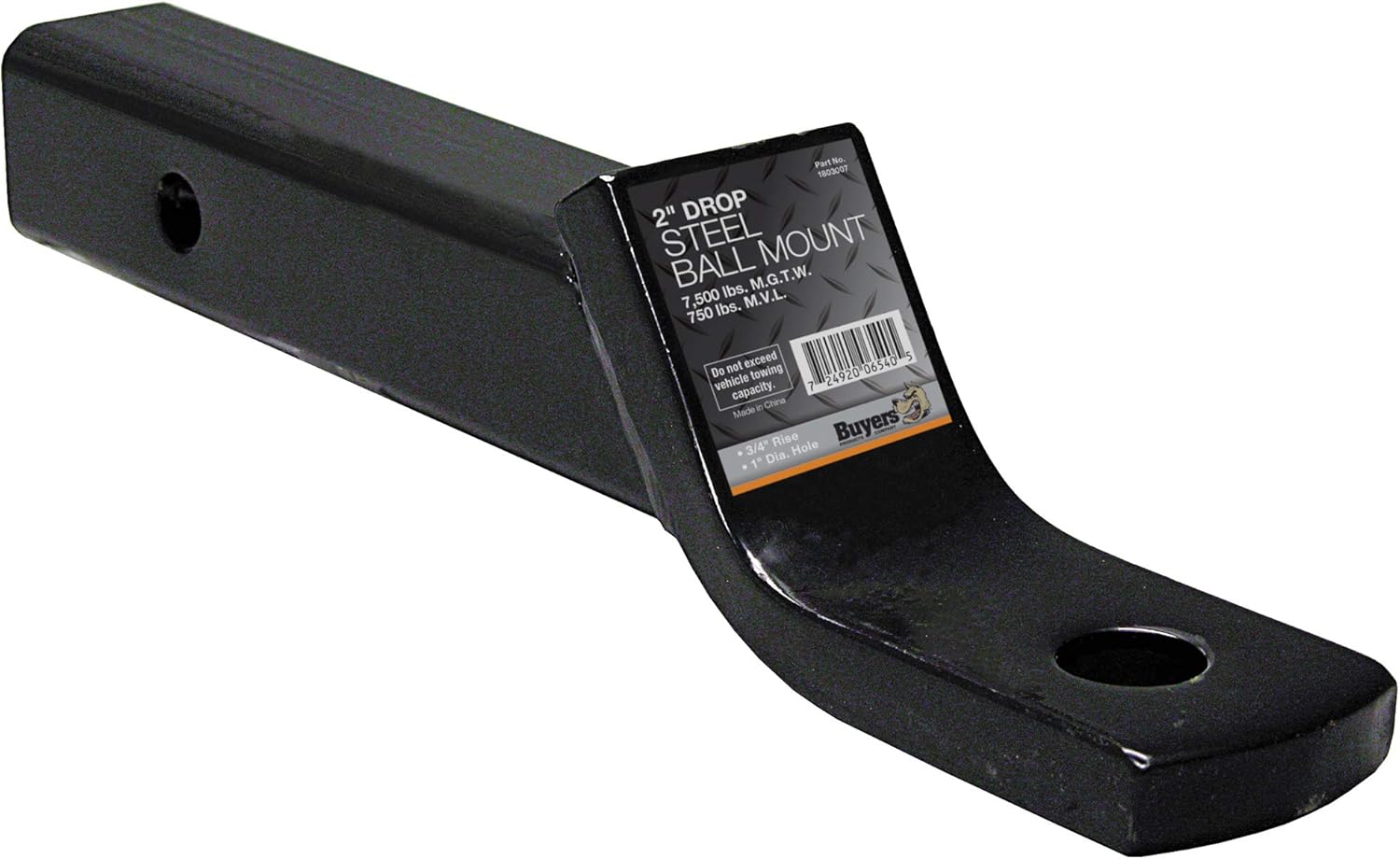 Buyers Products 1803017 Trailer Hitch Ball Mount, Fits 2-Inch Receiver, 8-Inch Drop, 6-3/4 Inch Rise, 10-Inch Long, 7,500 MGTW, 750 MVL, Accepts 1-Inch Diameter Shank Towing Balls, Black Powdercoat