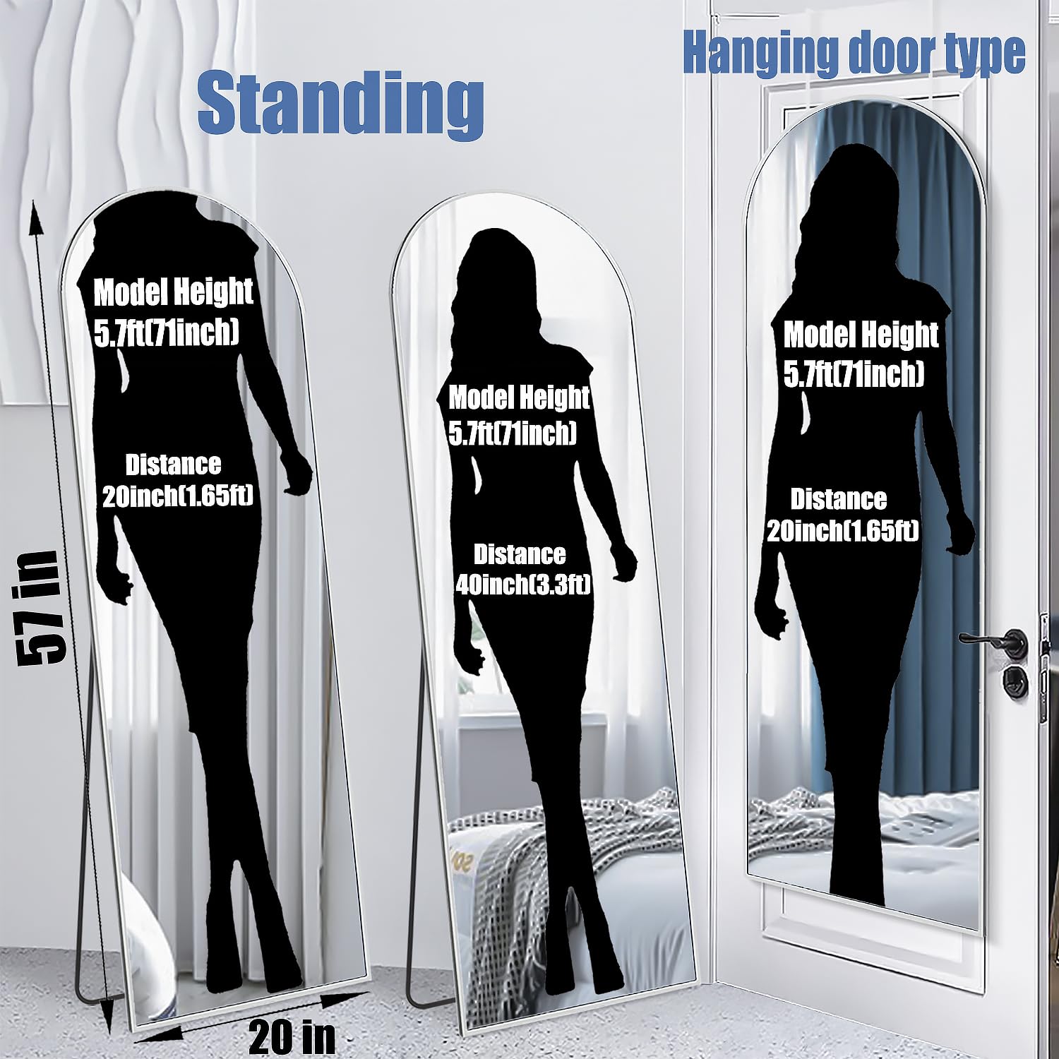 SCWF-GZ 57x20 Door Hanging Full Length Mirror, Floor (Height 5.7ft just Body in1.3ft) or Wall Mounted Metal Frame Arch Dressing Mirrors for Bedroom Bathroom Living Room 57 20 inch Silver