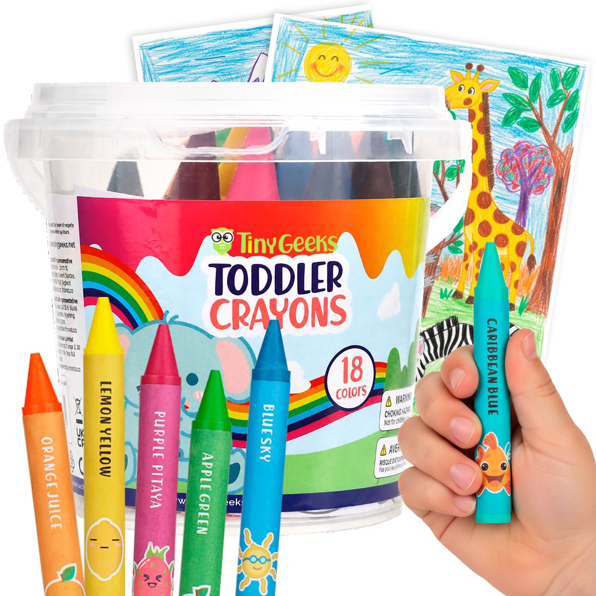 18 Jumbo Crayons for Toddlers - Washable, Non-Toxic Large Crayons for Kids | 18 toddler crayons with coloring sheets - teacher-approved, a fun gift for toddlers, stocking stuffers & party favors.