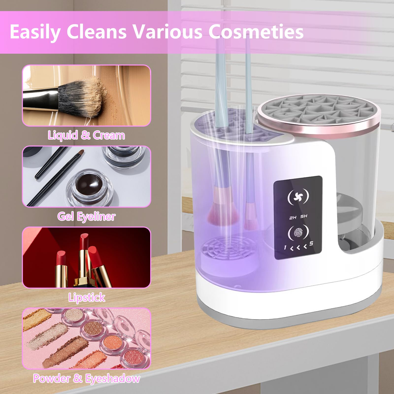 Pulitore elettrico per pennelli da trucco e asciugabiancheria, 3 in 1, macchina automatica per la pulizia dei pennelli da trucco con impostazioni di asciugatura regolabili, design portatile per
