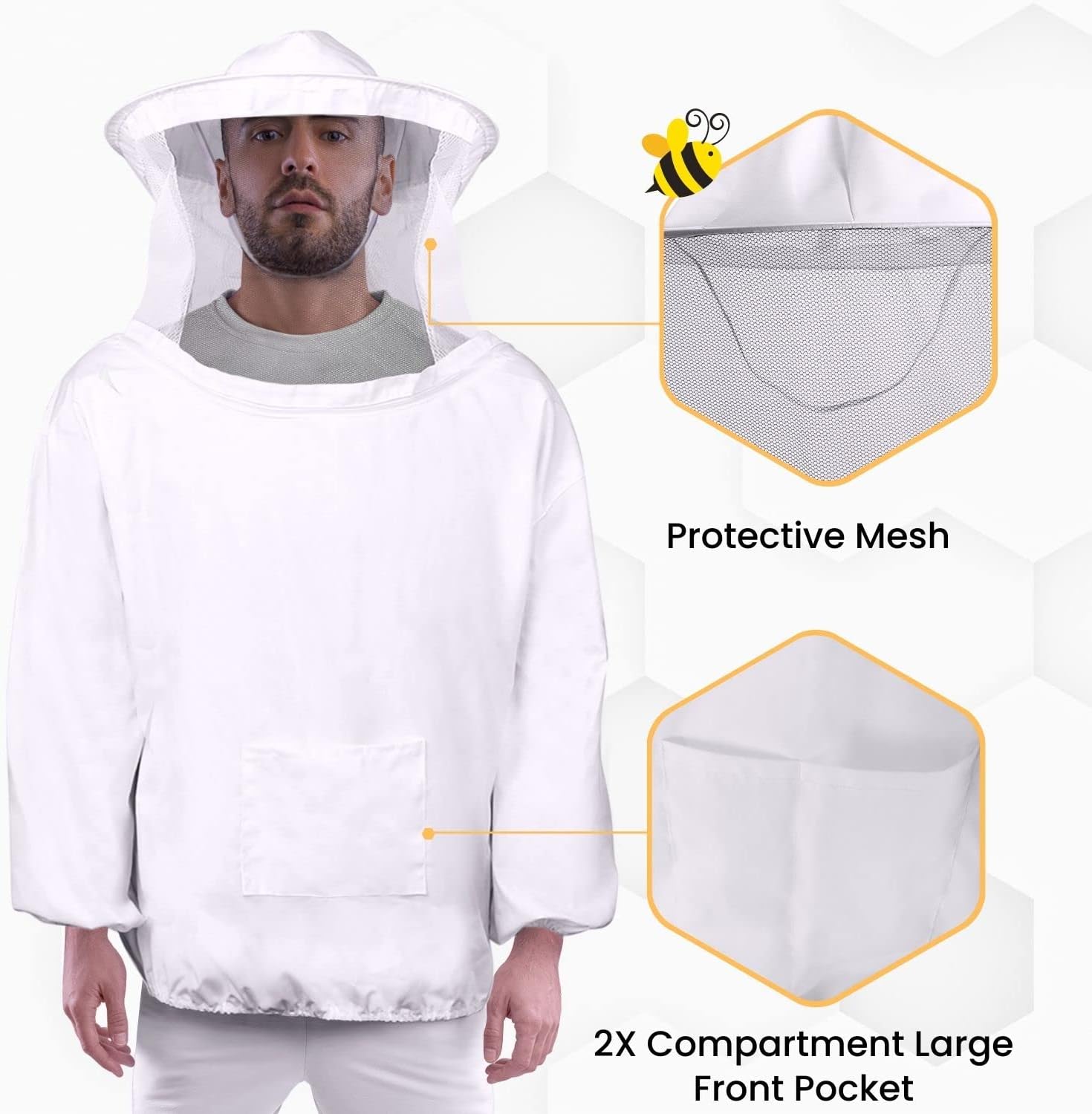 Flexzion Beekeeping Jacket - Premium Beekeeper Pull Over Suit Coat Outfit with Protective Veil Smock Hood for Beginner & Commercial Bee Keepers, Large White