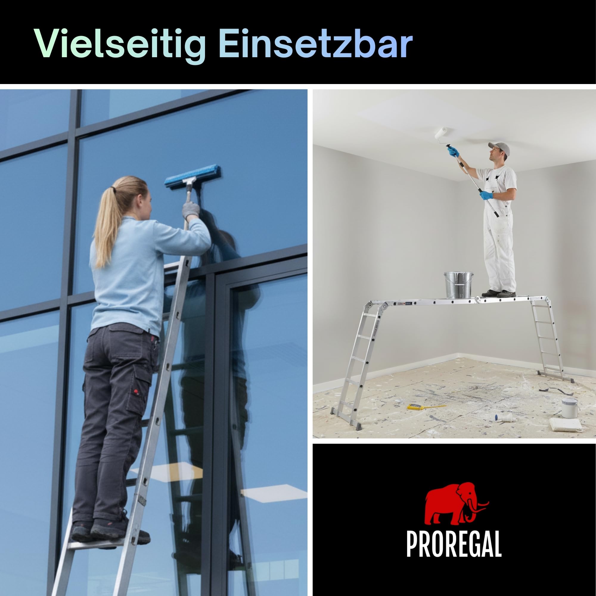PROREGAL Scala multiuso a pioli MULTISTEP, 4 sezioni in alluminio, 4x5 pioli, altezza fino a 5,7 m, portata 150 kg, ponteggio di lavoro, scala a pioli, scala a pioli appoggiata