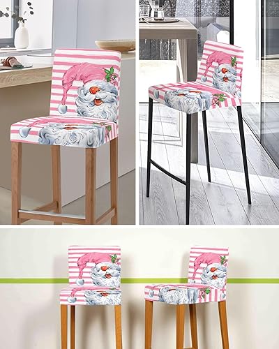 Miniatura 5 de Juego de 2 fundas elásticas para taburetes de bar de Navidad, diseño de gnomos rosados, fundas para sillas de bar botánicas de bayas de Navidad,