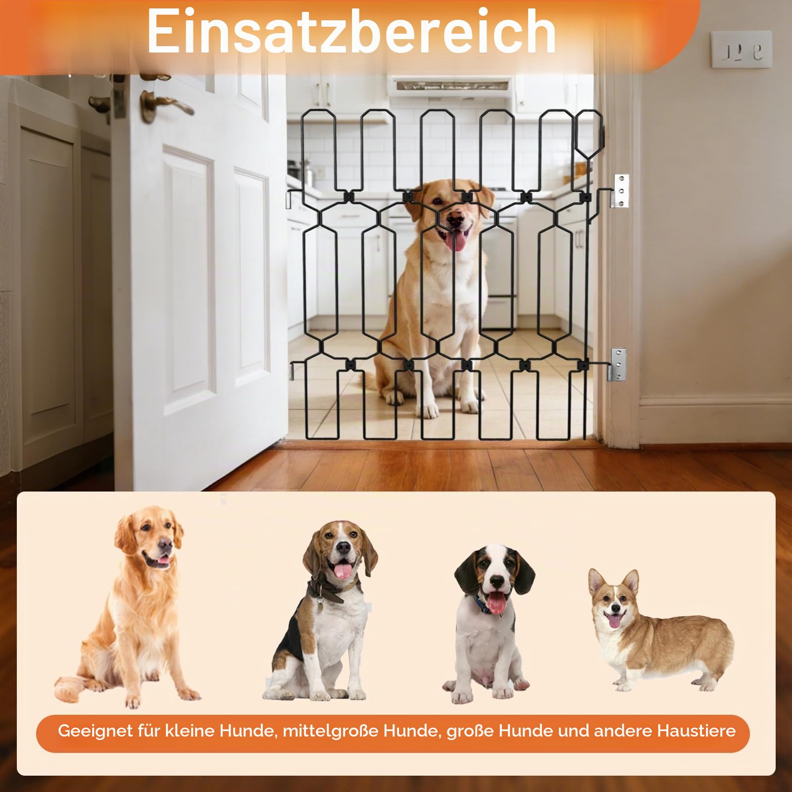 Hundegitter, 66 x 78 cm Einziehbar Metall Türschutzgitter für Hund Hunde Absperrgitter mit Großflächige Ausgehöhltes Design Faltbar Türgitter für Haustüren Küchen Schlafzimmer und Wohnmobile