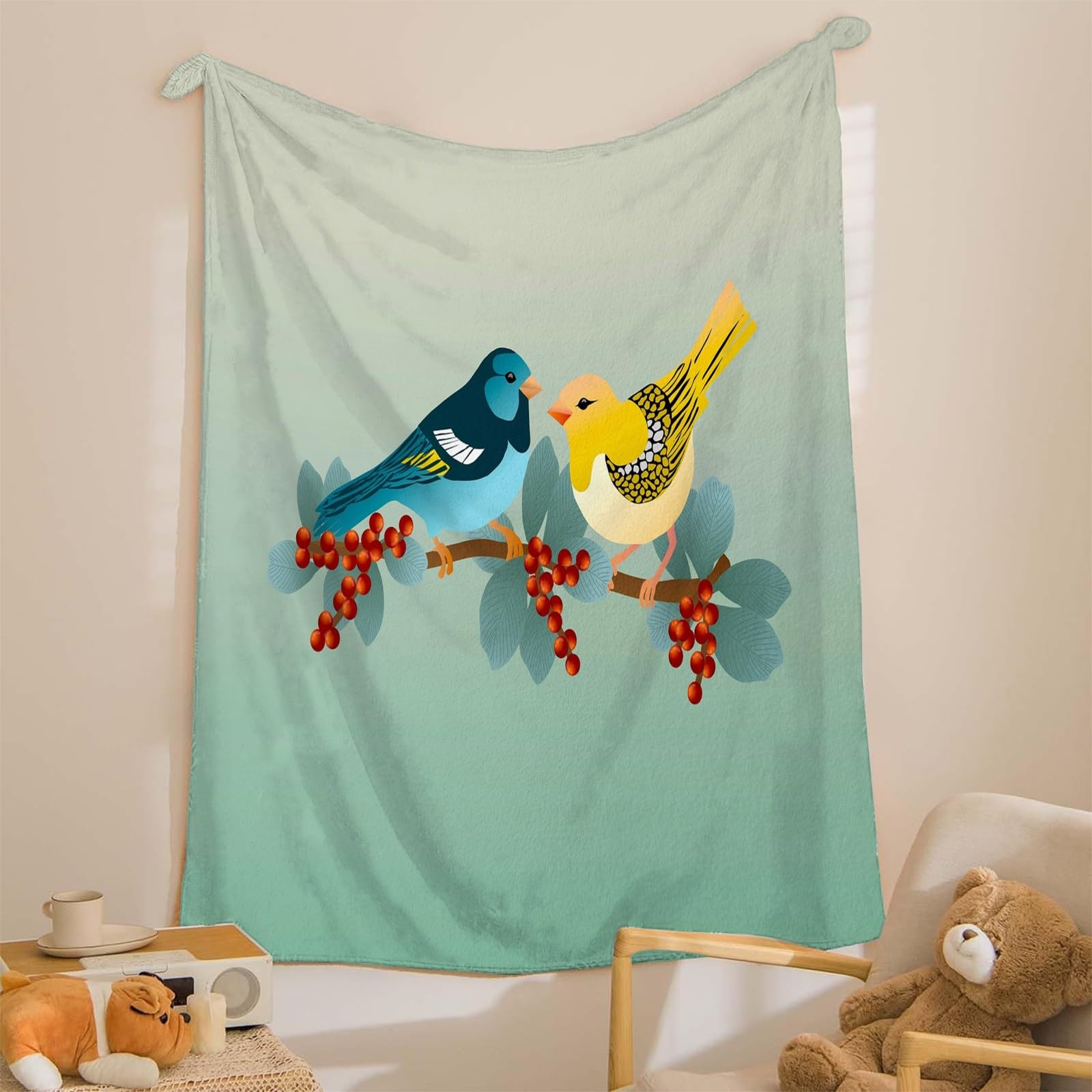 Koc z czerwonymi owocami kocyki dla ptaków koc na łóżko pojedyncze ciepło miękki koc na sofę flanelowy 180 x 200 cm na wszystkie pory roku