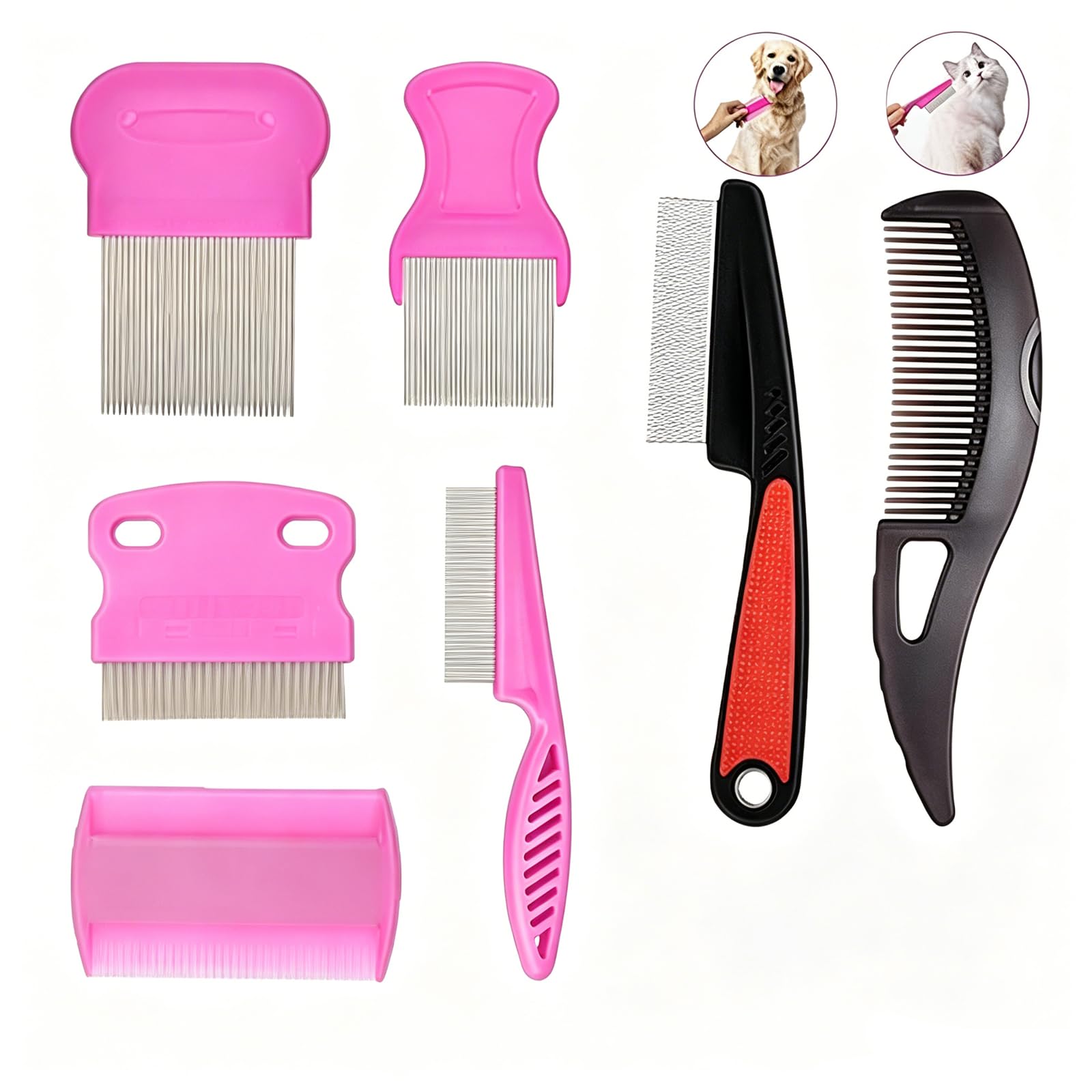 Dandruff Comb, 7-Piece Set with Brown Comb and Black Red Flea Comb, 18 cm Anti-Dandruff Tool for Scalp Care, Pink Hair Accessories for Daily Grooming, Complete Pet and Personal Use Kit-image-18