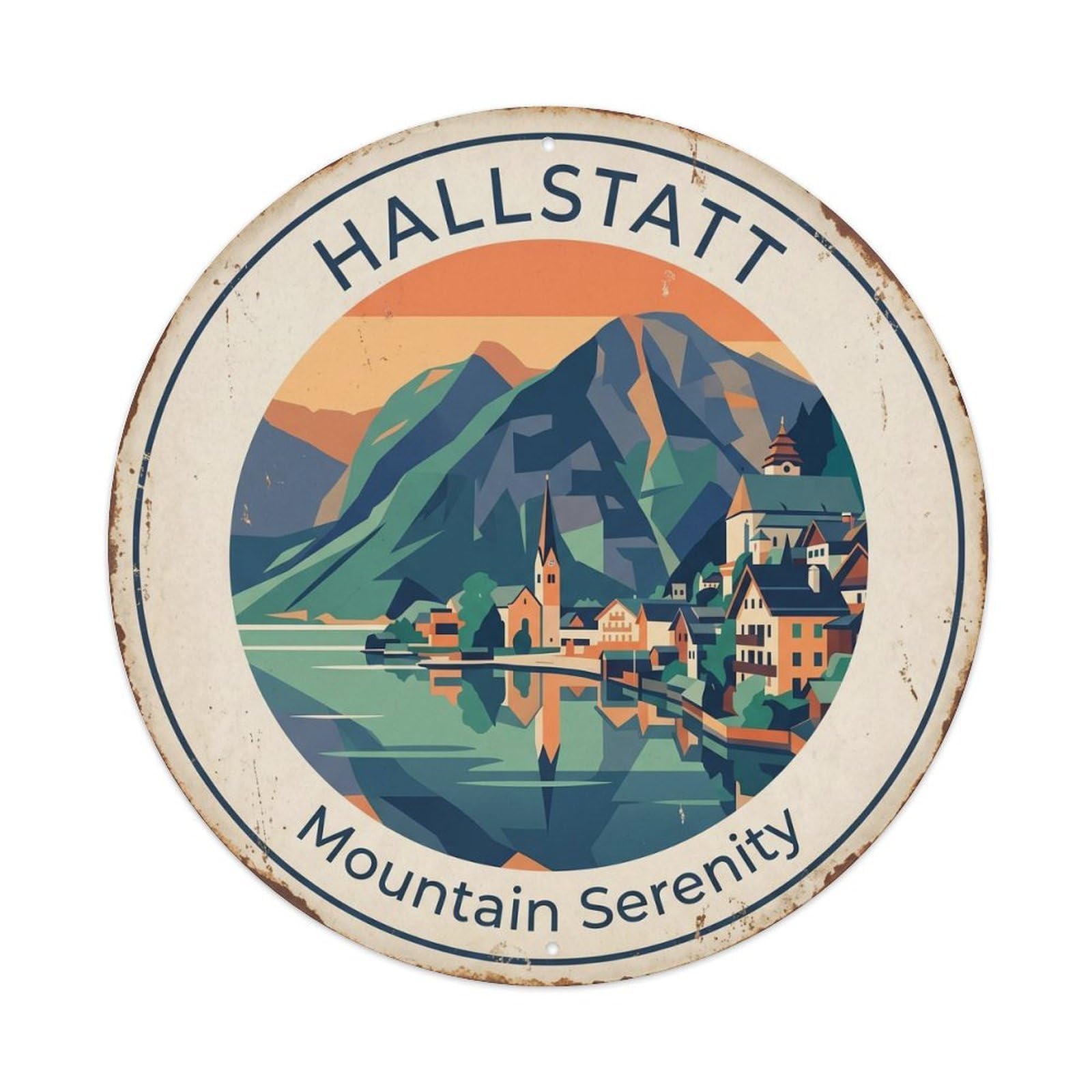 Cmhok Vintage Style Vintage Travel Hallstatt Mountain Lake Metal Tin Sign Plaque Wall Decor For Cafe, Club, Garden Round Metal Poster 8X8inch