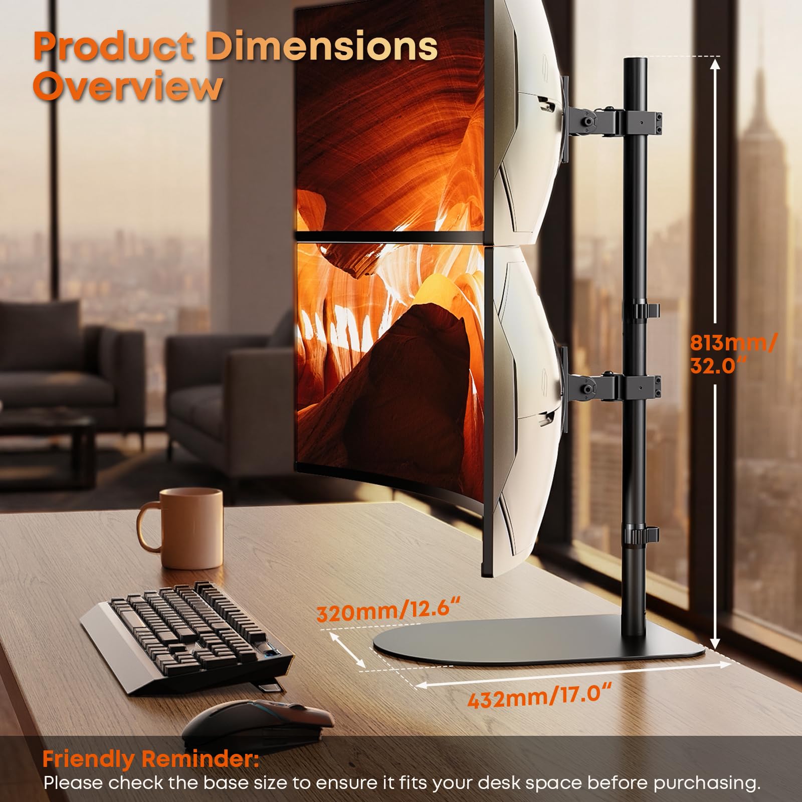 Soporte para monitor de 2 monitores uno encima del otro para 17-49 pulgadas, pantalla apilable vertical, postura independiente, altura ajustable, máx. 20 kg por brazo, VESA 75/100 mm, negro