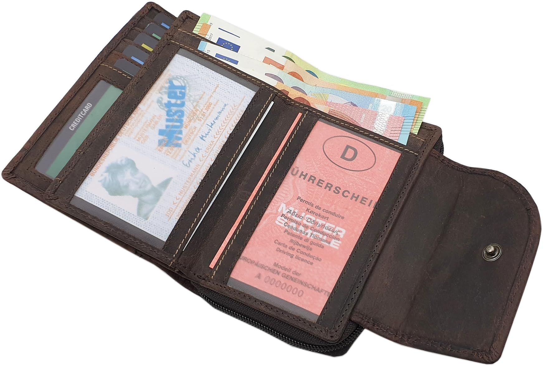 myledershop Cartera de piel de búfalo para mujer, formato vertical, con cierre exterior con estampado de lianas y protección RFID y NFC, marrón, Einheitsgröße, Moderno