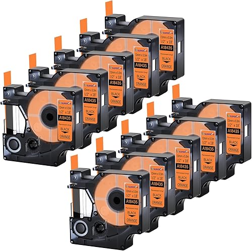 Miniatura 1 de USUPERINK Paquete de 10 etiquetas industriales compatibles con Dymo 18435 negro sobre naranja de 0.472in 12 pulgadas x 18.0ft, 18 pies, compatible