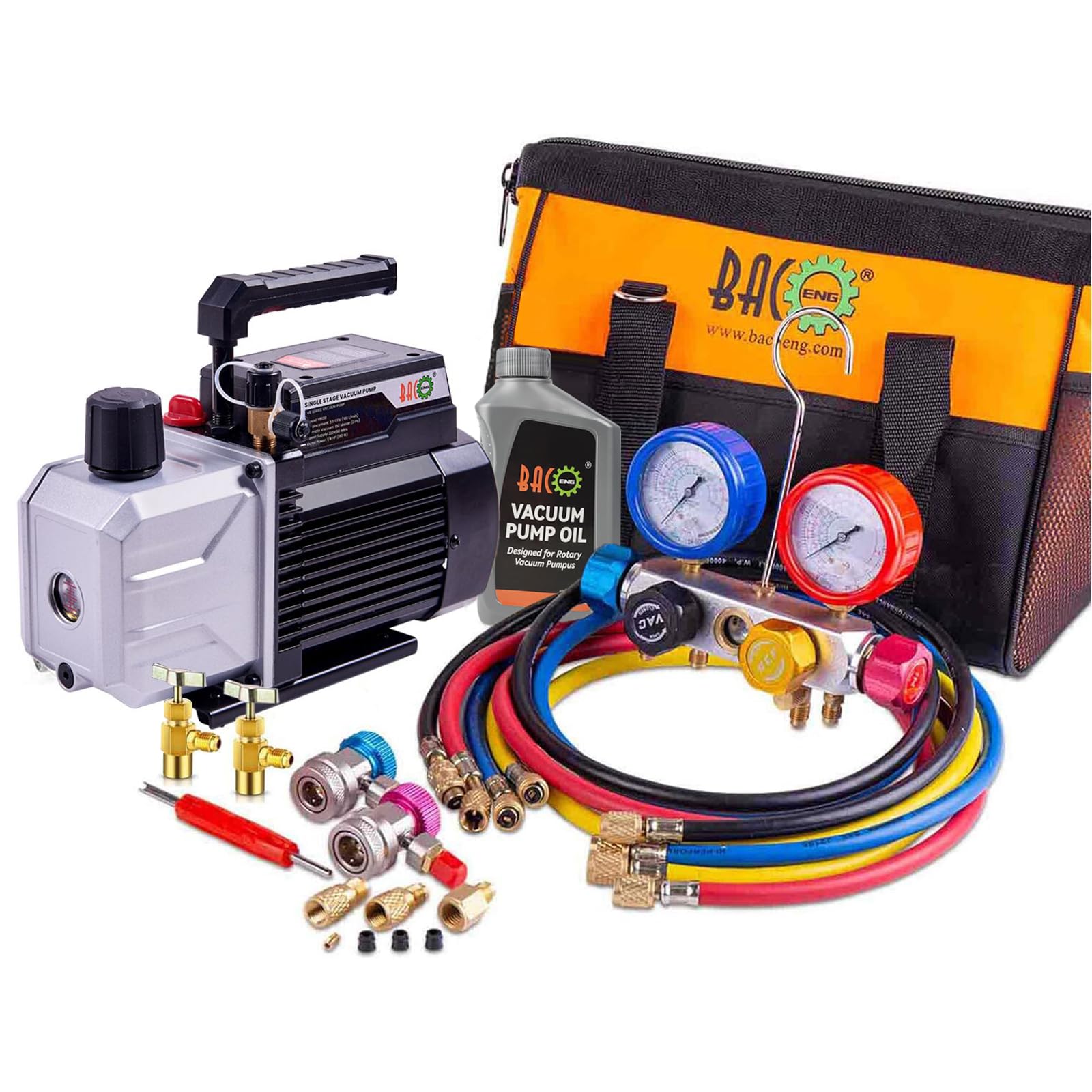 BACOENG 4.5CFM Pompa Vuoto per Condizionatori con Kit Manometri Condizionatori 4 Vie per Mini Split/HVAC/Auto AC, Kit Ricarica Aria Condizionata per R134A R410A Refrigeranti