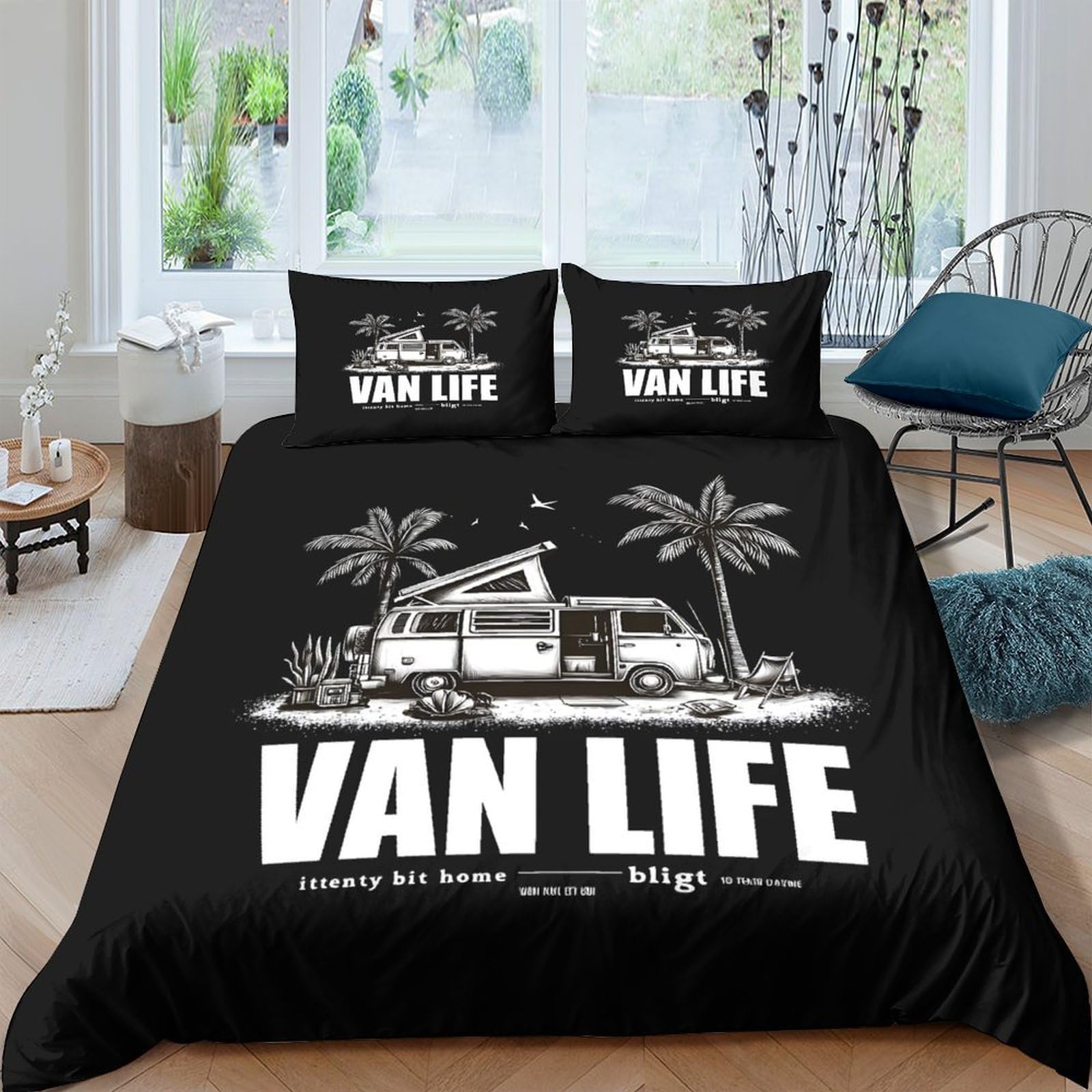 Ctjqhvkz Style-1 3D Printed Van Camper Beach Fitted Sheet Microfiber Soft Black Palm Tree Bed Cover For Bedroom Guest Room Decor Single（135X200cm）