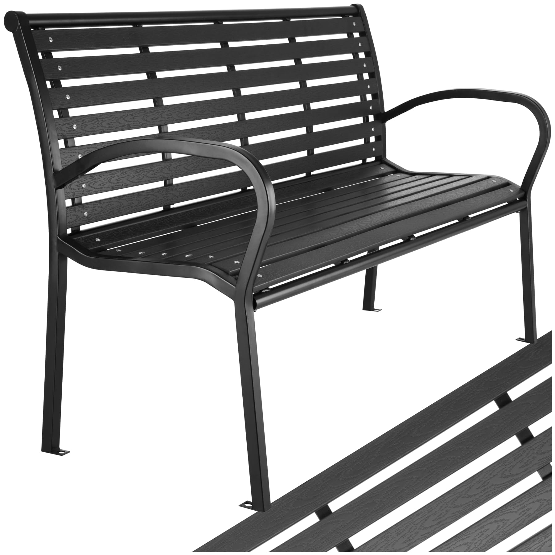 tectake® Banc de Jardin Solide en Bois Naturel laqué et Acier, Banquette de Jardin Banc Noir Résistant aux intempéries, Mobilier pour Amenagement Balcon Terrasse Veranda Pergola