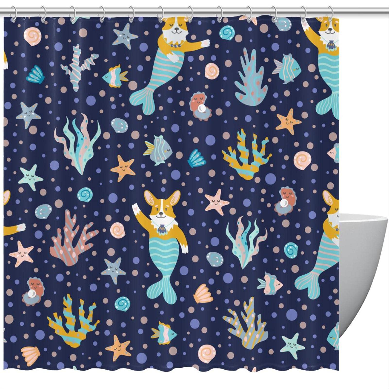 Rideau de douche Corgi coloré motif sirène accessoire salle de bain 183 x 183 cm
