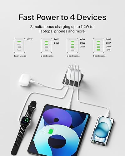 Miniatura 2 de Belkin Bloque de cargador GaN de 4 puertos de 112 W, entrega de energía USB-C de carga súper rápida y puerto USB-A - MacBook, Samsung Galaxy S25,