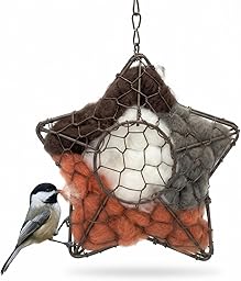 Star Bird Nesting Material Holder, Alpaca Fiber Bird Nesting Material Hanger for Hummingbirds, Refillable Nesting Dispenser – 7.5x6.7in, Handmade Garden Decor, Winter Spring Shelter