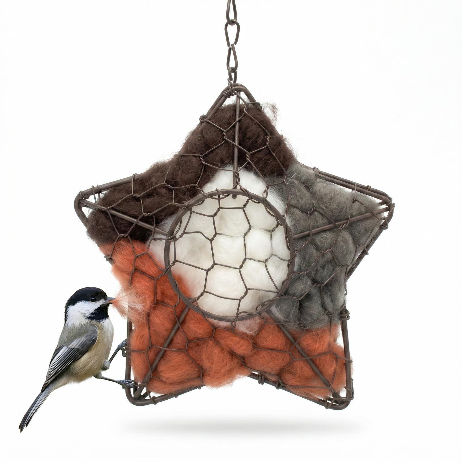 Star Bird Nesting Material Holder, Alpaca Fiber Bird Nesting Material Hanger for Hummingbirds, Refillable Nesting Dispenser – 7.5x6.7in, Handmade Garden Decor, Winter Spring Shelter