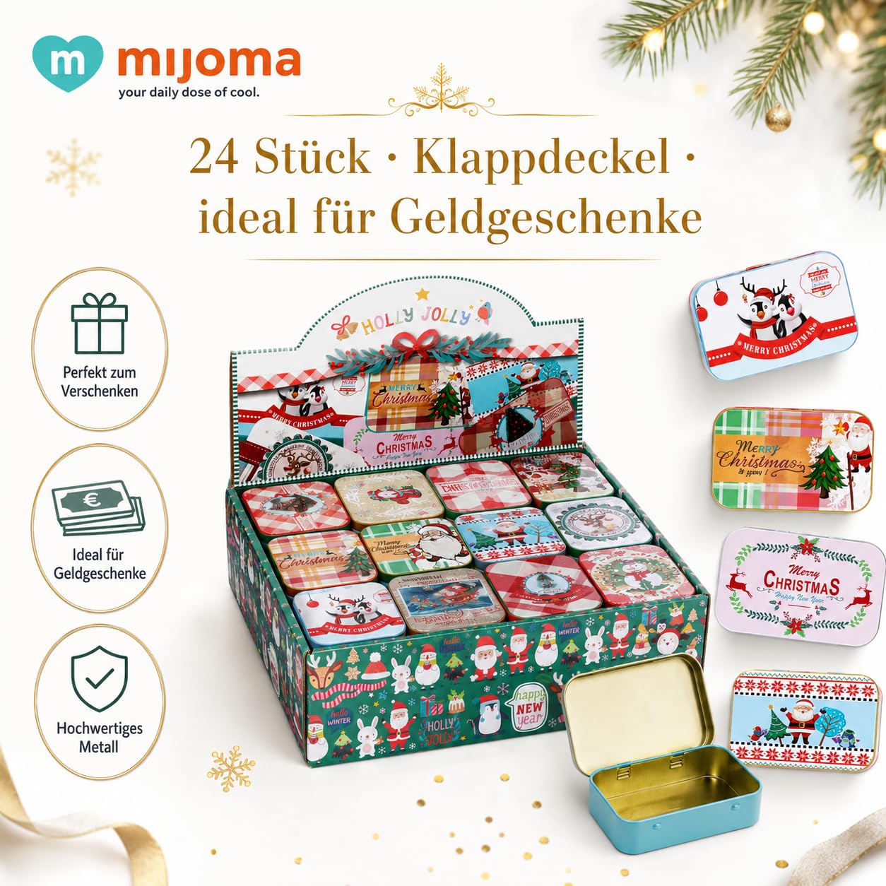MIJOMA Set di 24 scatole di metallo natalizie, piccole scatole regalo per regali di denaro, buoni, cioccolatini e messaggi personali, confezione regalo nostalgica con coperchio ribaltabile